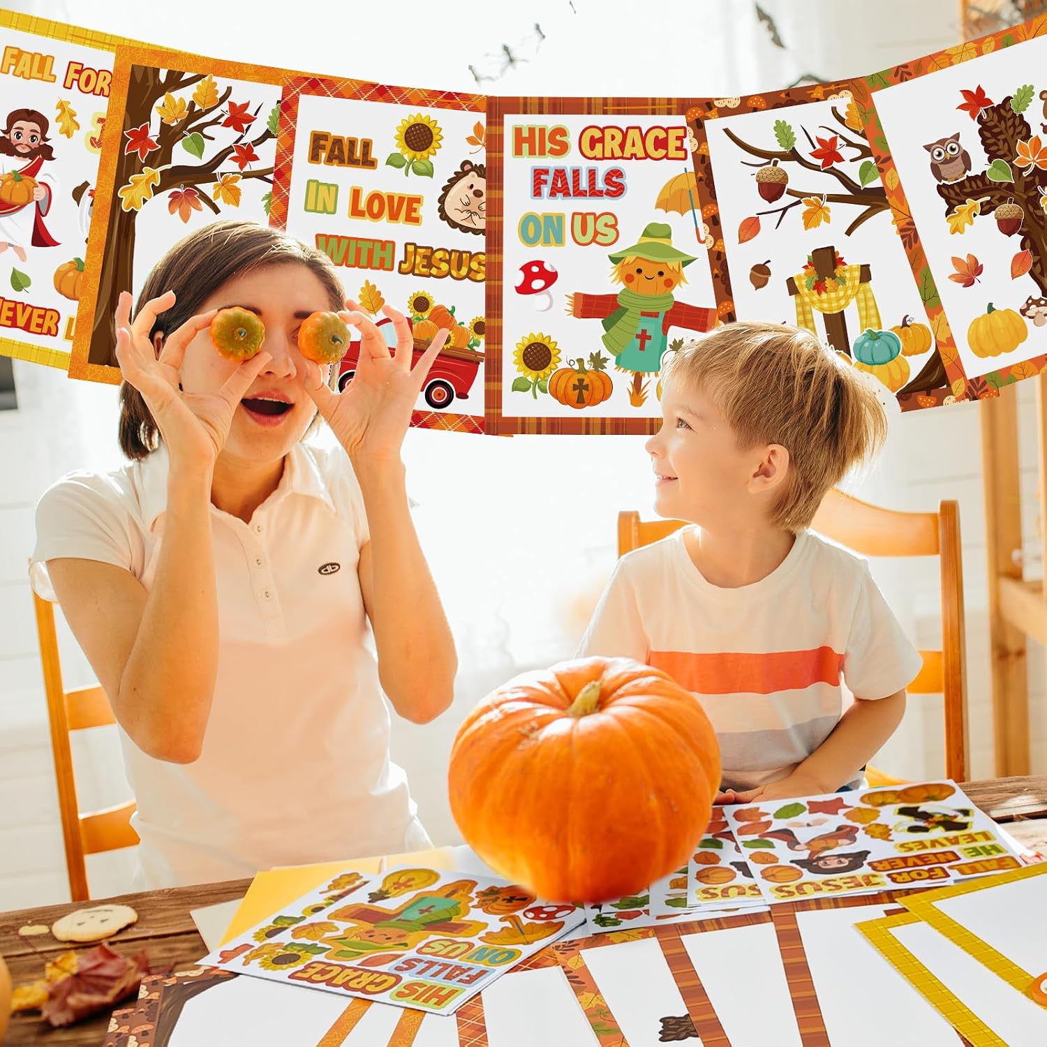 Cinrobiye 24Set Religious Thanksgiving Craft Kit Bulk DIY Christian Crafts Sticker Make Your Own Autumn Blessing Cards Hanging Ornament for Sunday School Activity Fall Harvest Party Favor Gifts