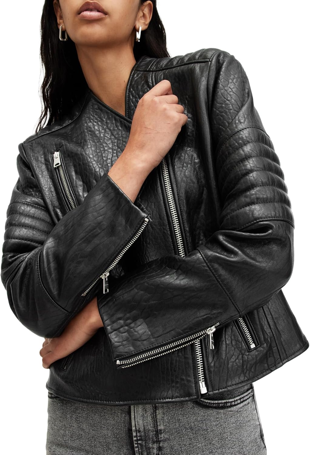 AllSaints womens Cawley Leather Biker Jacket - Image 2