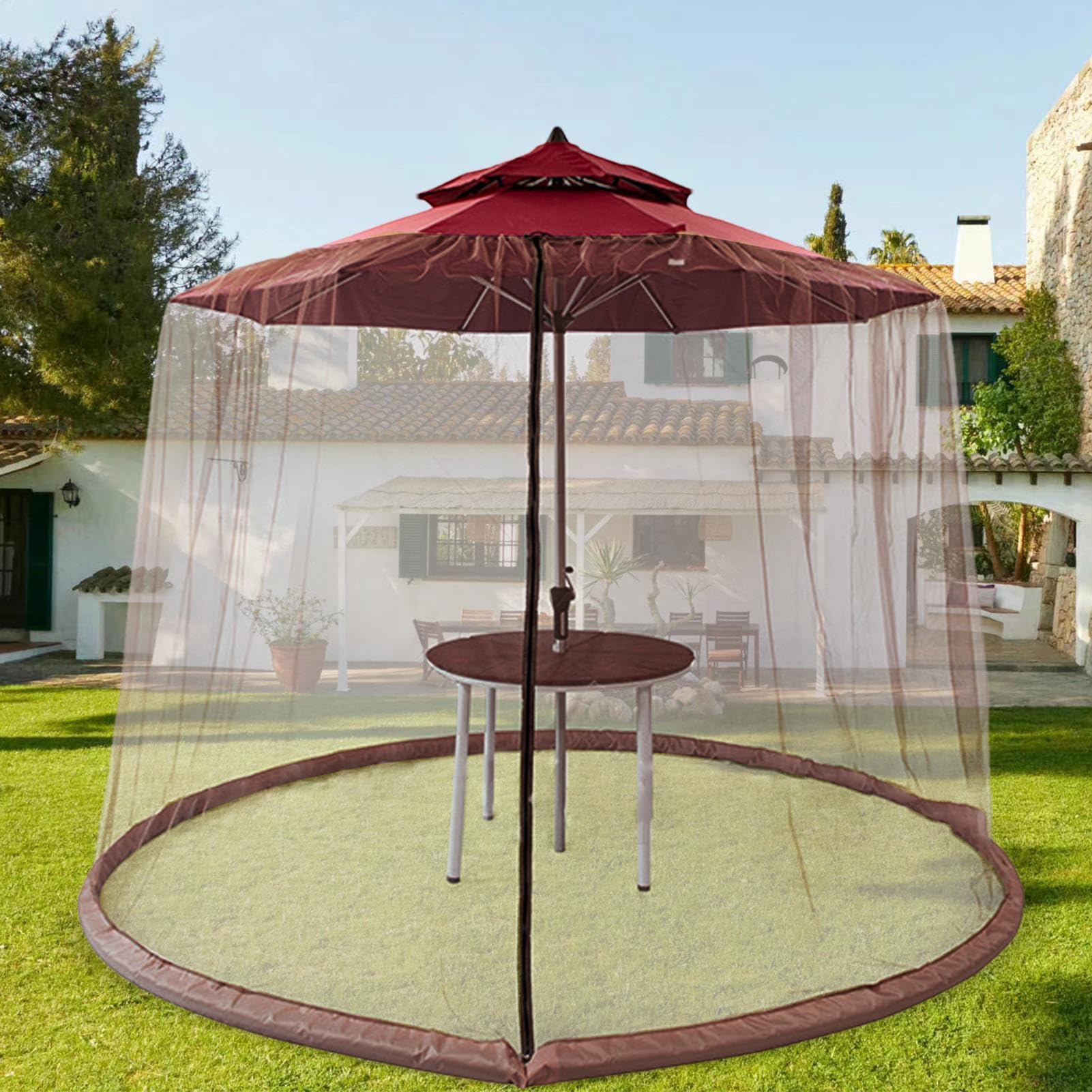 Filet de parasol de terrasse – Moustiquaire d'extérieur en maille de 3 x 2,3 m avec fermeture éclair, abri de parasol de protection, abri de jardin en maille pour une utilisation confortable en
