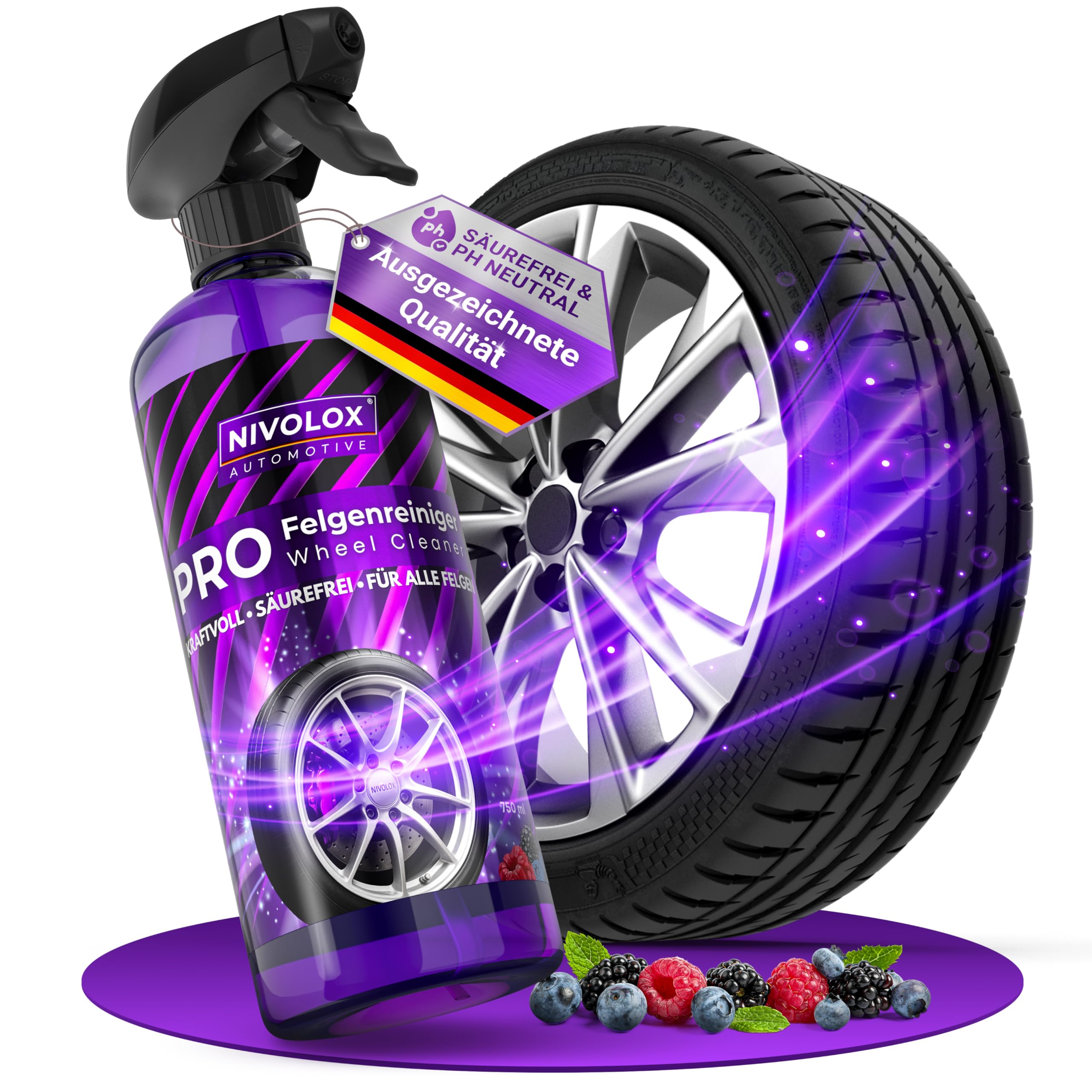 NIVOLOX® Pro Felgenreiniger • Säurefrei und PH-neutral • Kraftvolle Felgenreinigung mit Wirkindikator • für alle Felgentypen geeignet • 750 ml Sprühflasche mit Hightech-Formel und Beerenduft