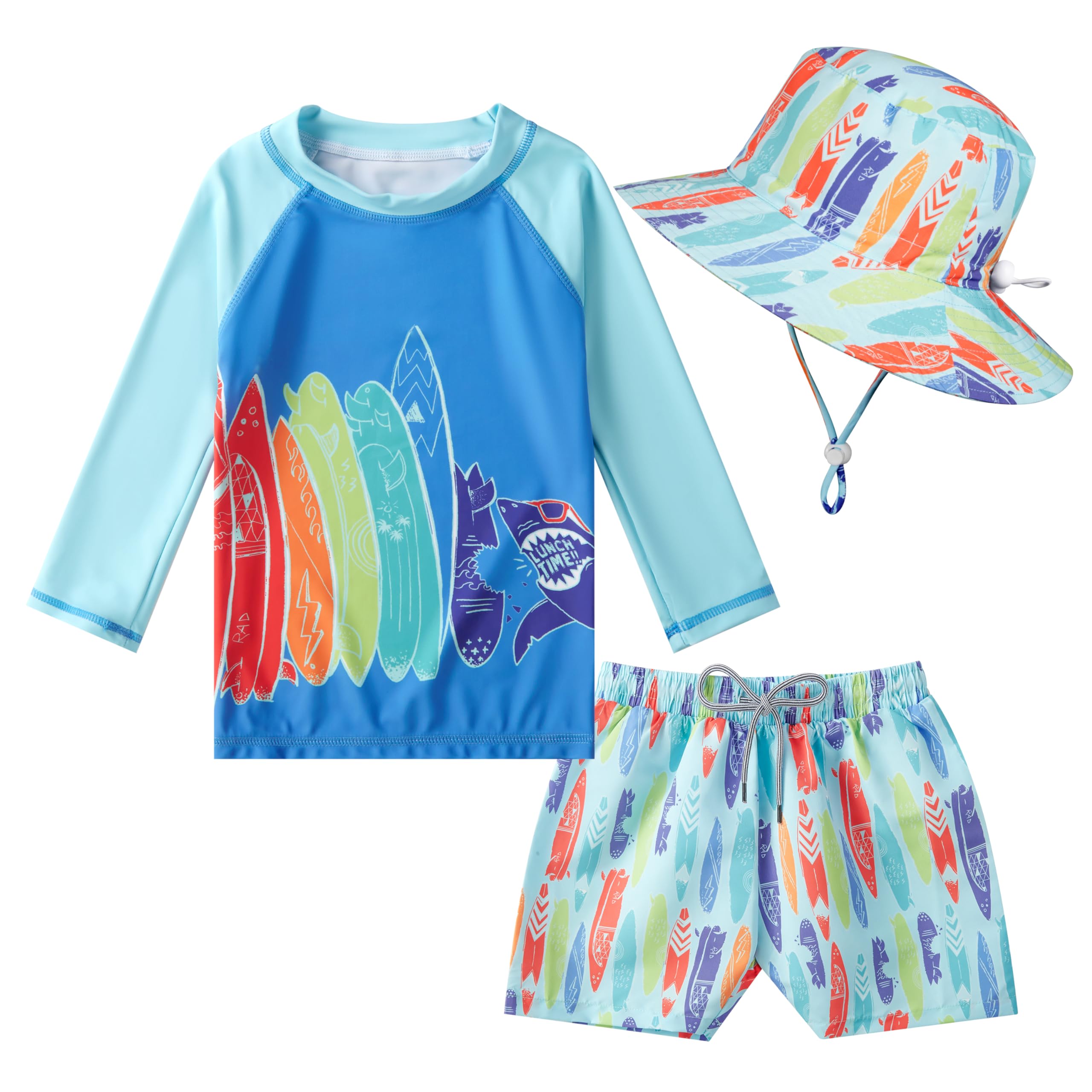 Baby Toddler Boys UPF 50+ Rashguard Set Swimsuit with Sun Hat Bathing Suit Swimwear for Beach Pool Sun Protection