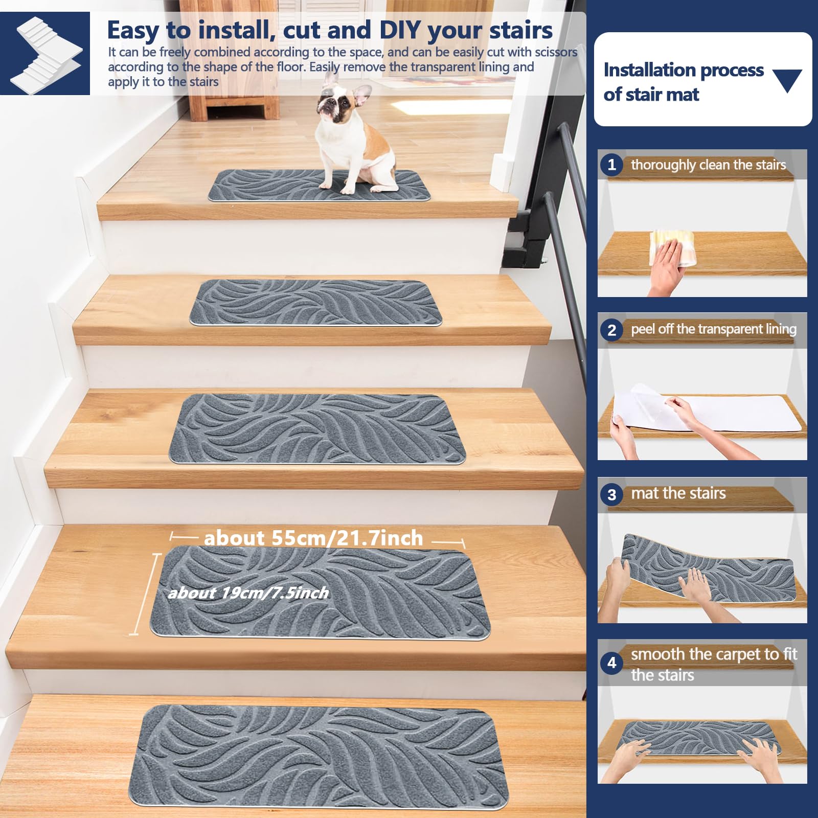 Lot de 7/15 tapis d'escalier antidérapants pour marches en bois – 55 x 18 cm – Auto-adhésif – Tapis de couloir d'intérieur de sécurité pour enfants, personnes âgées et chiens