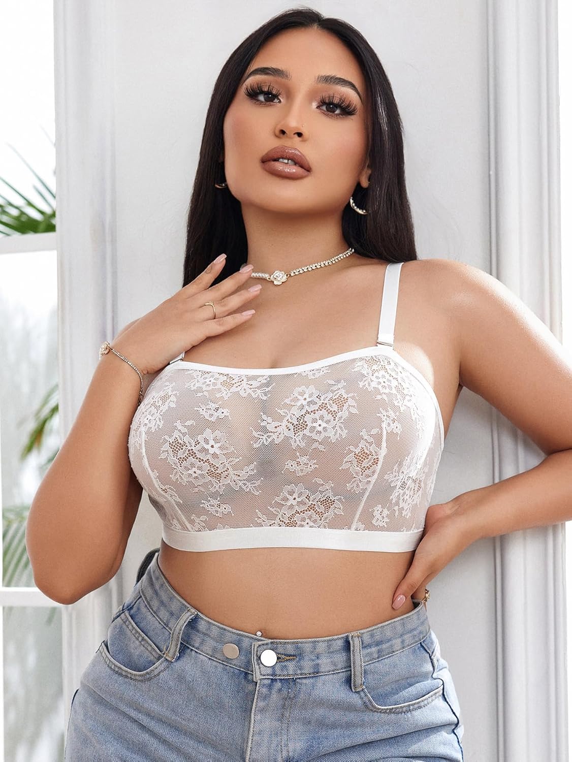 MakeMeChic Women's Plus Size Bra Floral Lace Sheer Spaghetti Strap Wireless Bralette - Image 3