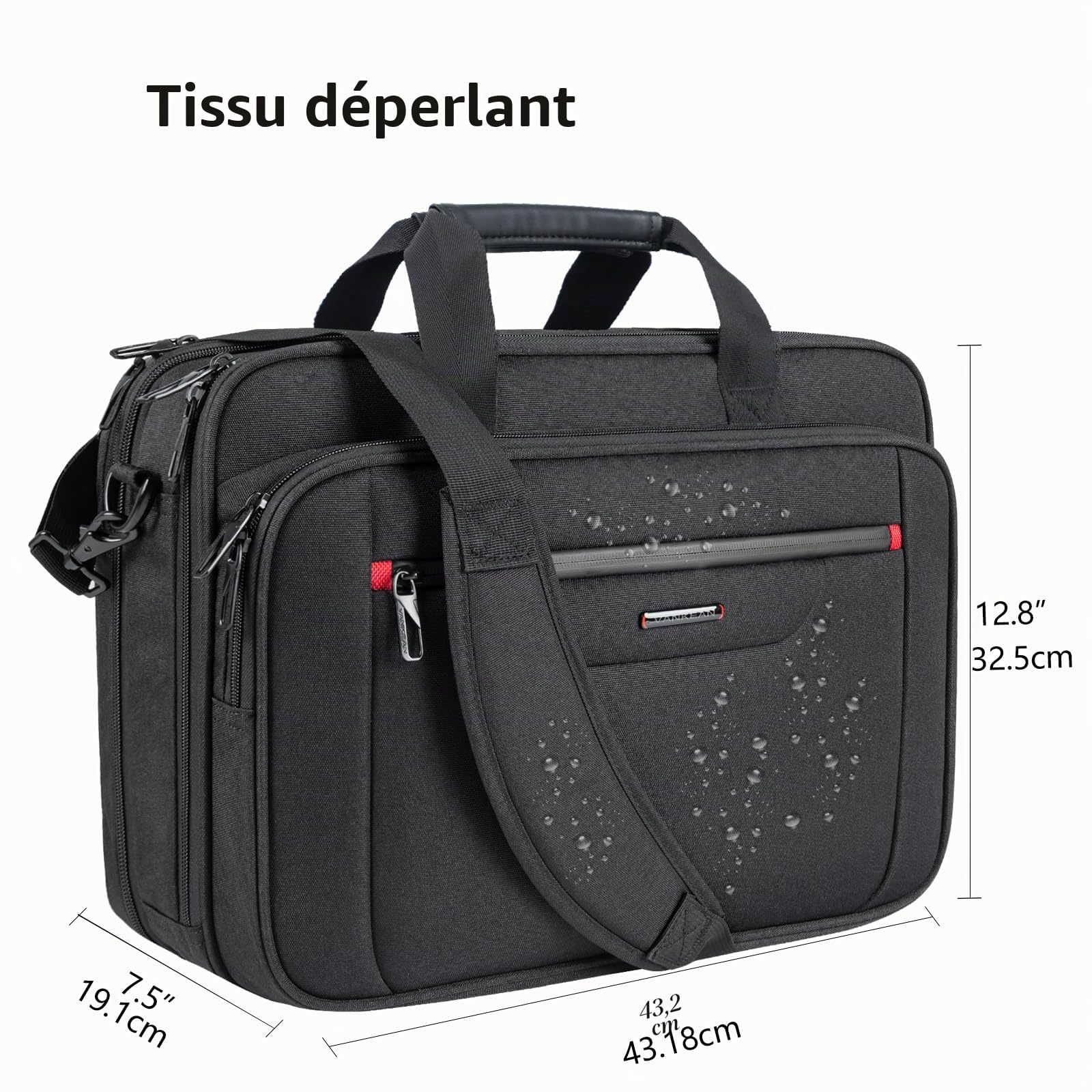 VANKEAN Sacoche pour ordinateur portable 17.3 Pouces Imperméable Mallette pour homme/femme Sac de messager expansible déperlant pour voyage affaires école, Noir