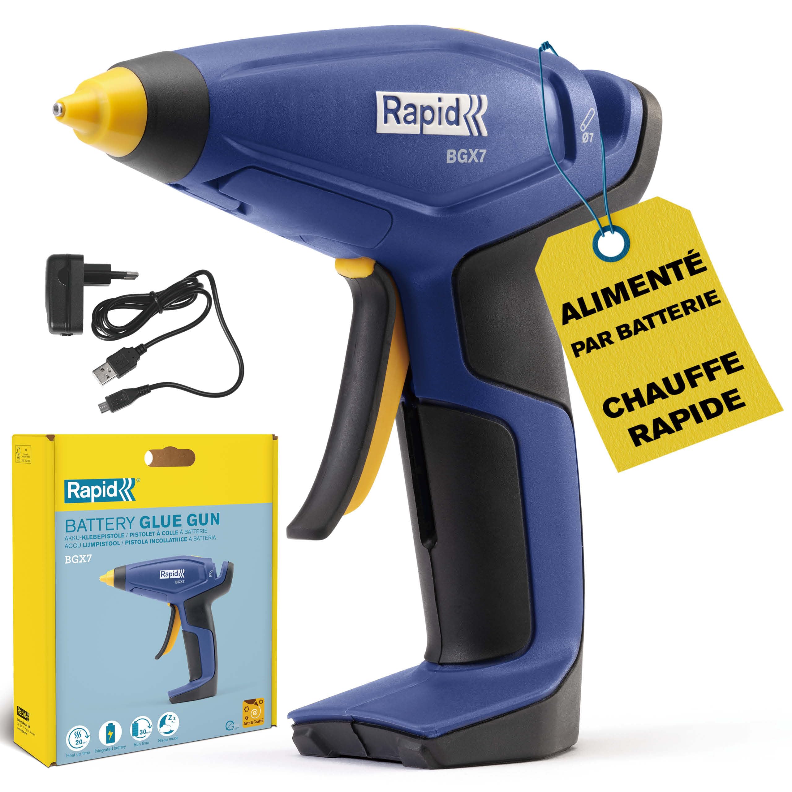 Pistolet à colle chaude sans fil Rapid BGX7 7mm, chauffe en 20s, rechargeable par USB avec une autonomie de 30 min, idéal pour les loisirs créatifs, les réparations DIY et les projets domestiques
