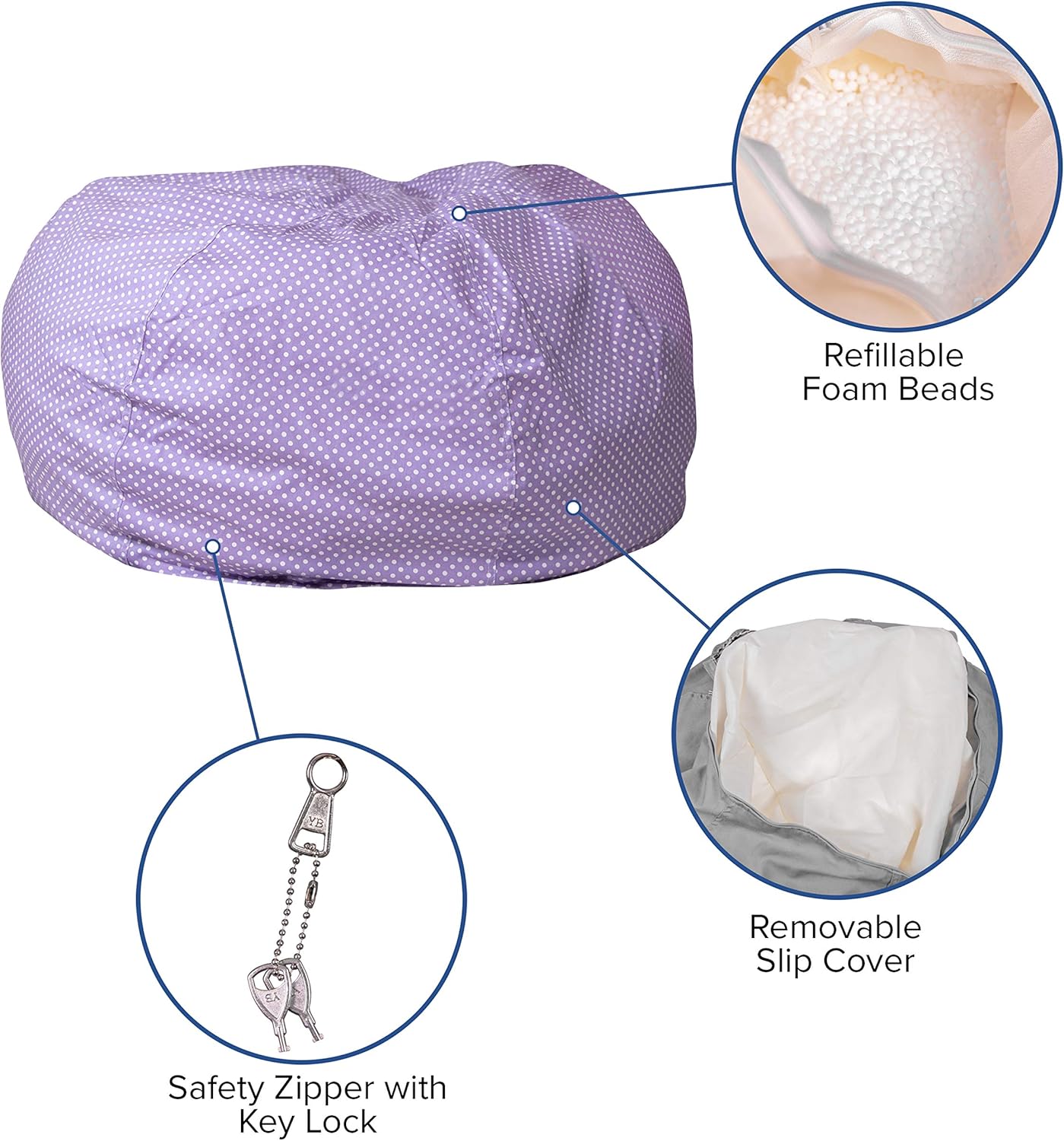 EMMA + OLIVER Oversized Lavender Dot Bean Bag Chair for Kids and Adults