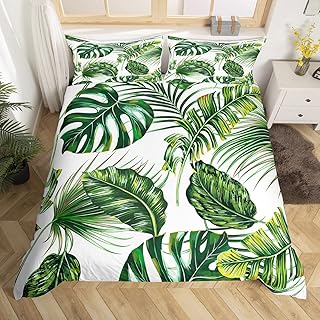 Erosebridal Palm Leaves Comforter Cover Monstera Banana Leaves Duvet Cover Hawaiian Tropical Leaves Bedding Set Green Leaves Branches Quilt Cover for Men Women, White 3 Pcs Full Size