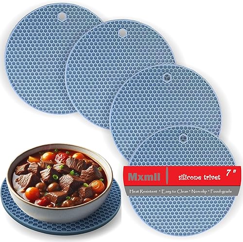 Miniatura 10 de Mxmll - Juego de 4 salvamanteles redondos de silicona resistentes al calor de 7 pulgadas, protegen la encimera de la mesa de ollas y sartenes