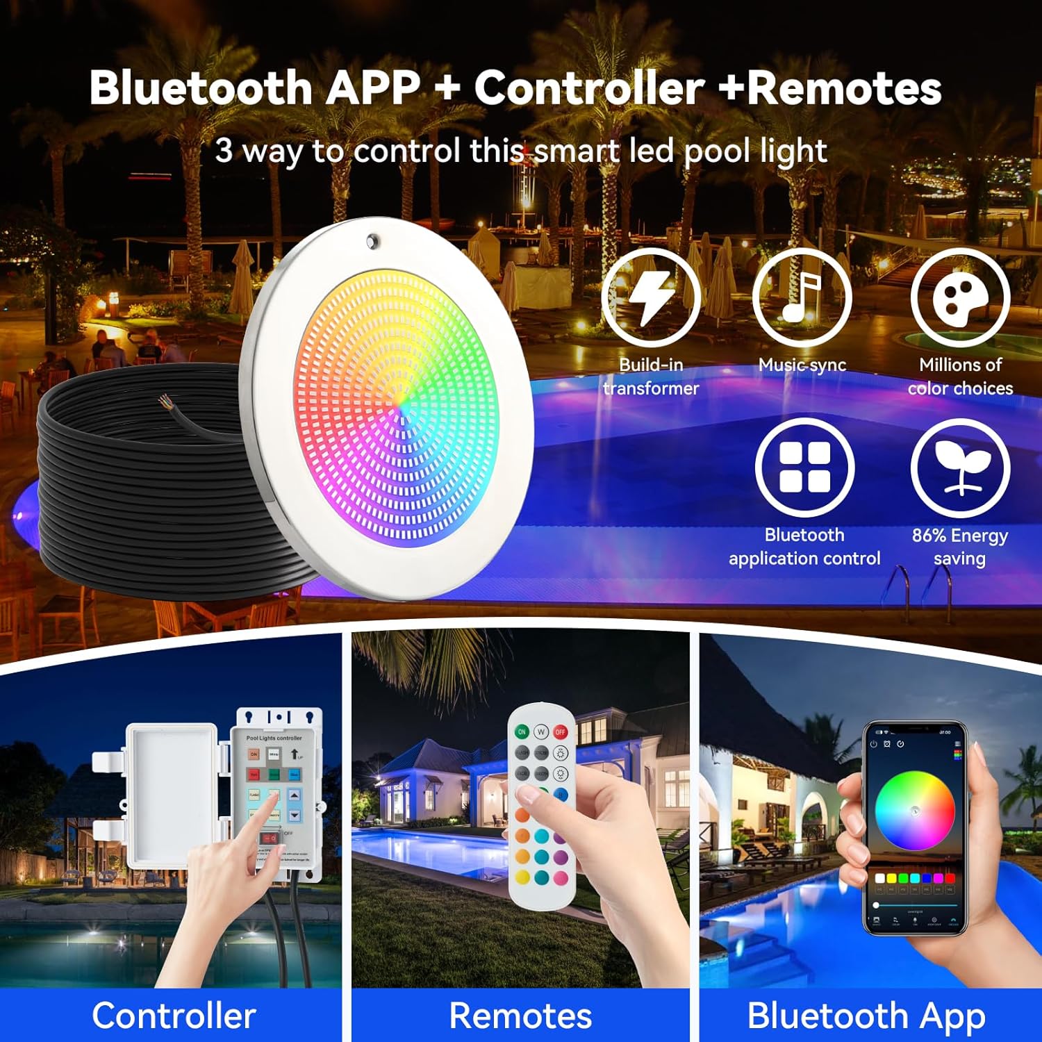 Smart LED Pool Lights for Inground Pool, Wall Mounted, 54W 12V, 10 Inch, 50FT Cord, Remote & App Control, Underwater Swimming Pool Light Fixture for Large Wet Niches