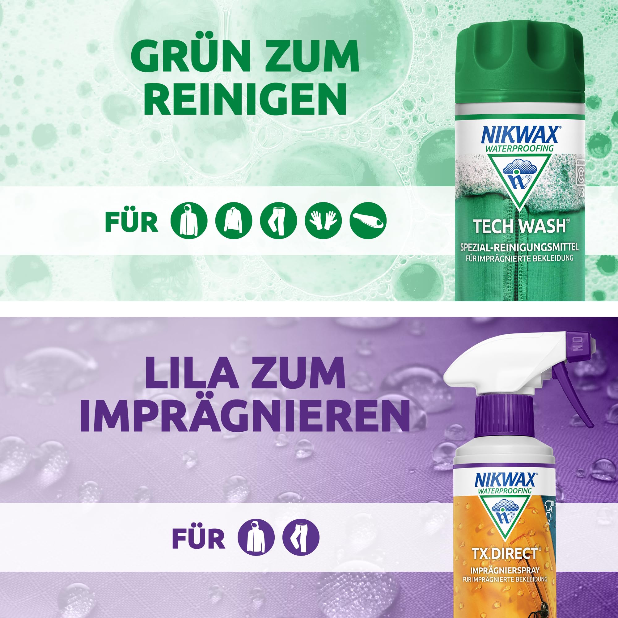 Nikwax Unisex – Tech Wash + TX.Direct Spray-on Doppelpack 2 x 300ml, reinigt effektiv, stellt die Wasserabweisende Eigenschaften Wieder her und verbessert die Atmungsaktivität