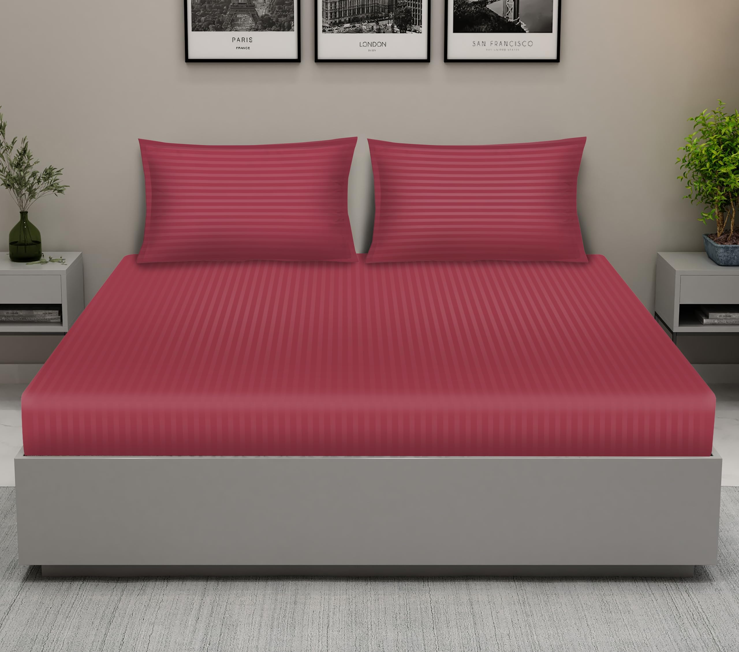 Raymond Home King Flat Sheet Super Soft 300 TC Pure Cotton (274x274 cm, 50x75 cm) Flat sheet & 2 PillowCases Maroon