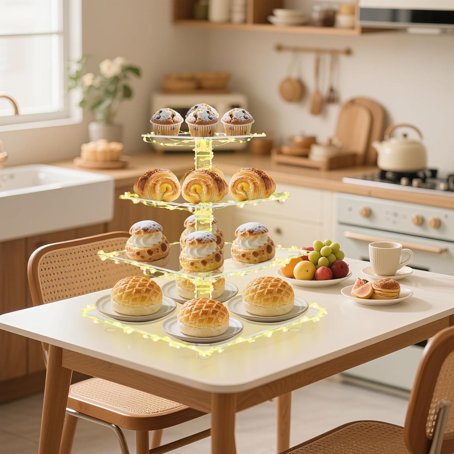 Cupcake Stand with Lights, 4 Tier Acrylic Cupcake Tower with Yellow LED String Lights, Clear Cupcake Display Stand for Wedding,Baby Shower, Birthday - Image 5