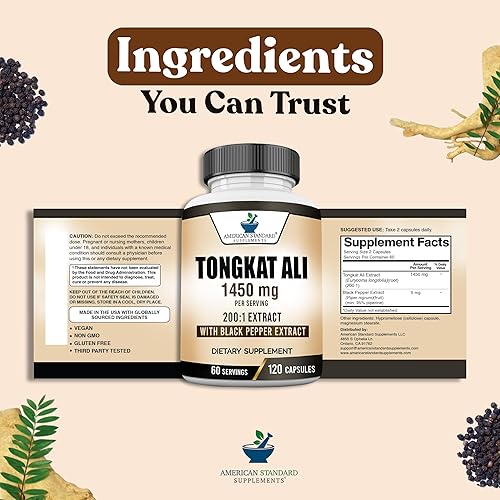 Miniatura 6 de American Standard Supplements Extracto de Tongkat Ali 2001 - 1450mg por porción con extracto de fruta de pimienta negra - 120 cápsulas, suministro