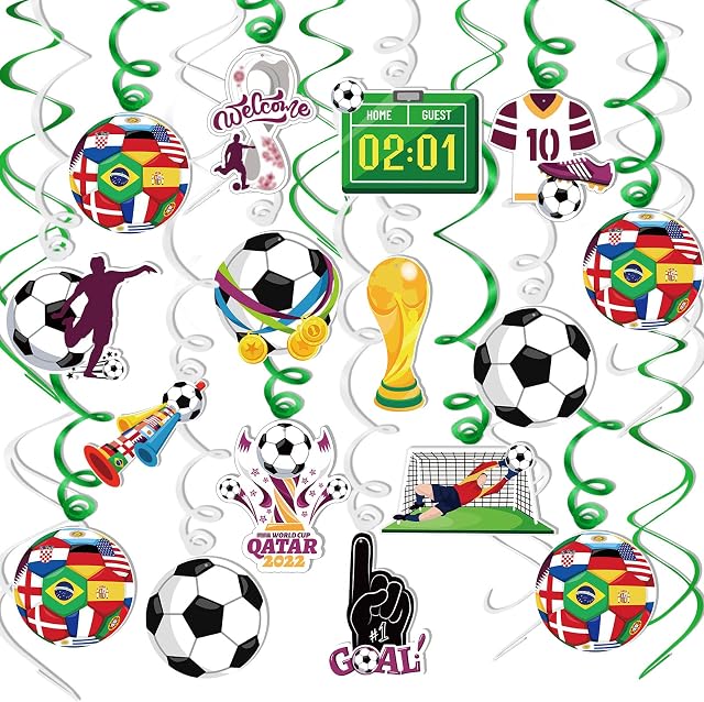 HOWAF World Cup 2022 Decorations, 30 World Cup Football 2022 Hanging Swirls World Cup Football Foil Ceiling Swirls Streamers World Cup Flags Trophy for World Cup Football Party Decorations