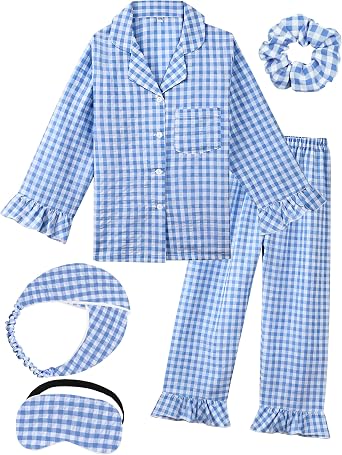 Girls Gingham Pajamas Long Sleeve Ruffle Kids Pajama Set Button