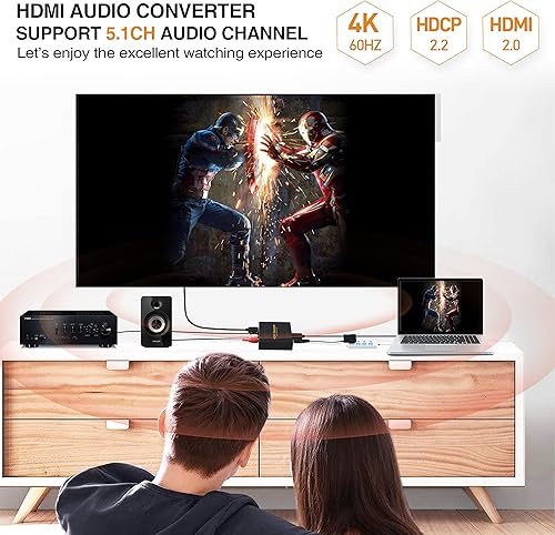Miniatura 4 de avedio links Convertidor extractor de audio HDMI 4K a 60Hz, adaptador de divisor de audio de video HDMI + (SPDIF + LR estéreo), compatible con Fire