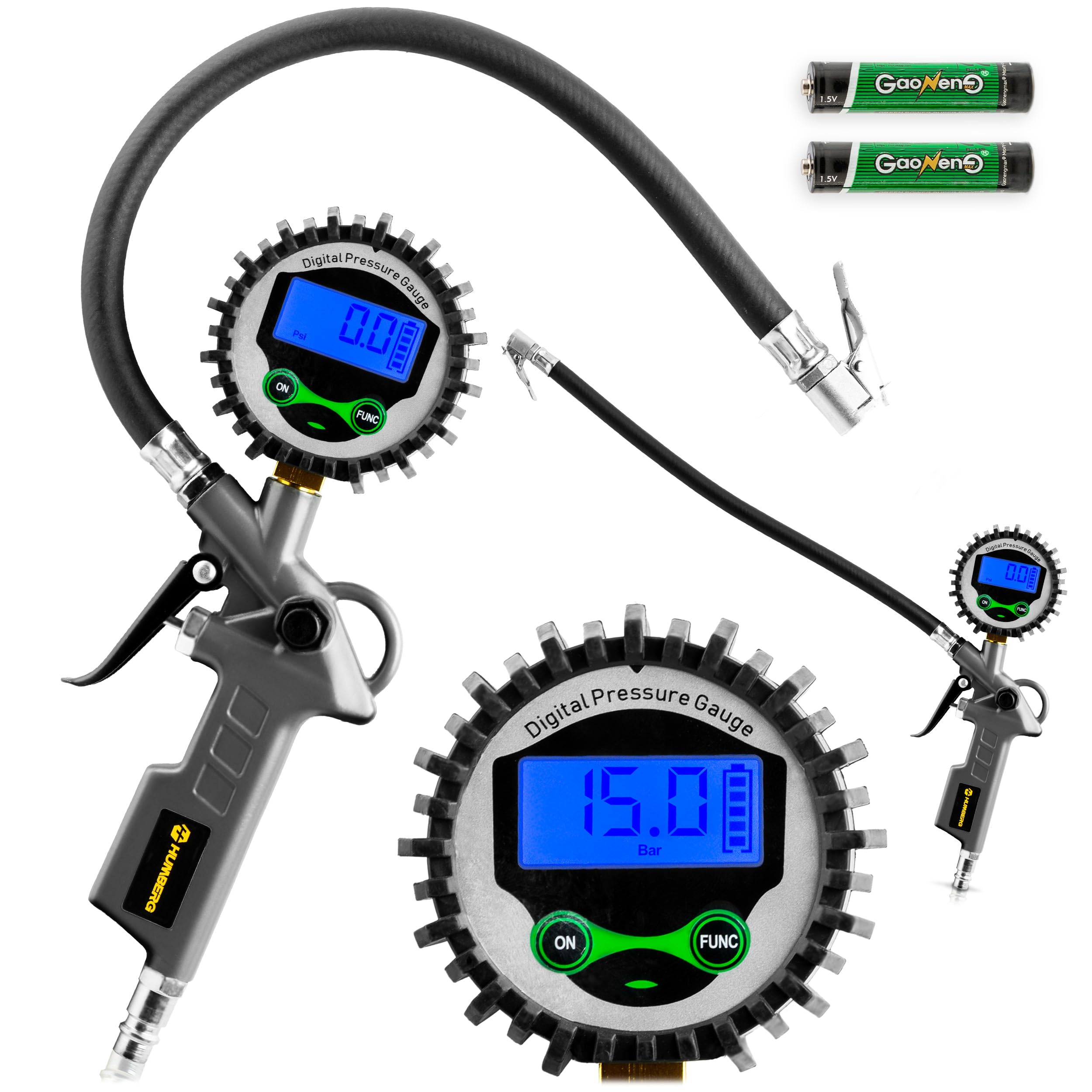 Humberg Inflador digital de neumáticos con manómetro – manómetro de presión de neumáticos de 15 bares con pantalla LCD – Medidor de presión de aire para coche, moto y bicicleta – Manguera de 34 cm