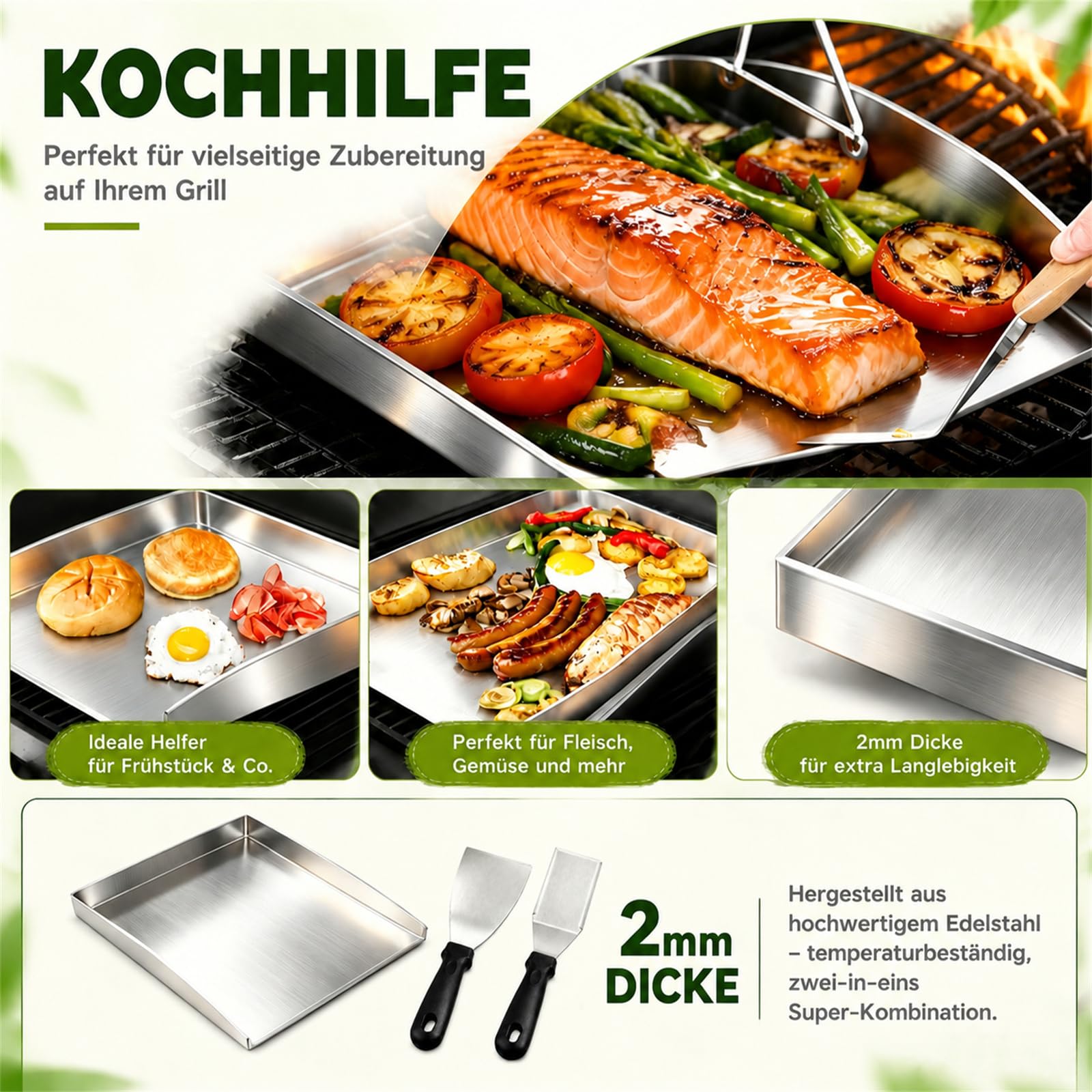 Nifogo Edelstahl Plancha Grillplatte 40 x 30 cm (2mm) mit 2 Grillspachtel