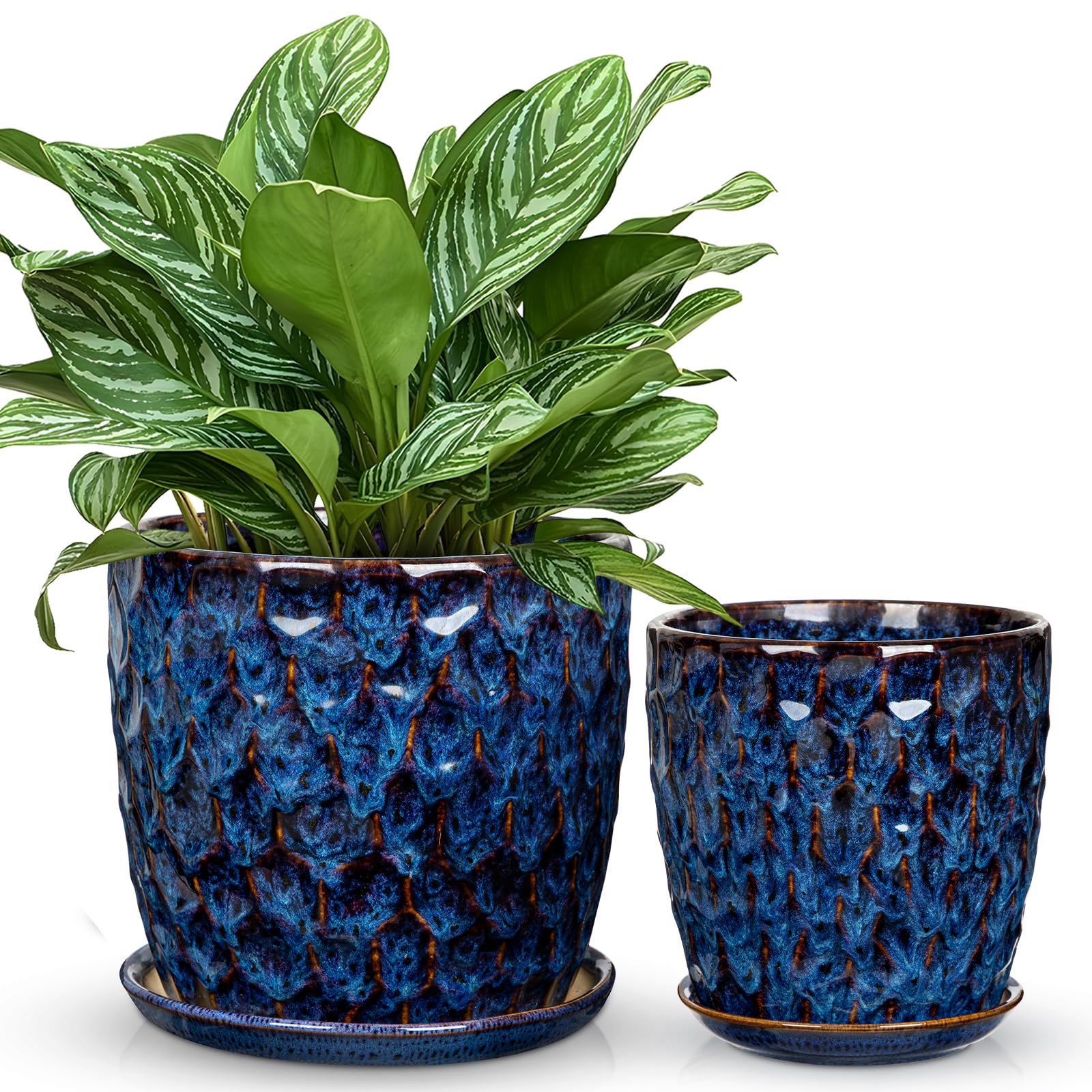 15+19 cm Blumentopf Blau Übertopf mit Untersetzer Abflussloch Pflanzgefäß | Arborus 2er Set Keramiktopf Zimmerpflanze Topf Selbstbewässernder Modern Matt Blumentöpfe für Gemüse Blumen Pflanzen Deko
