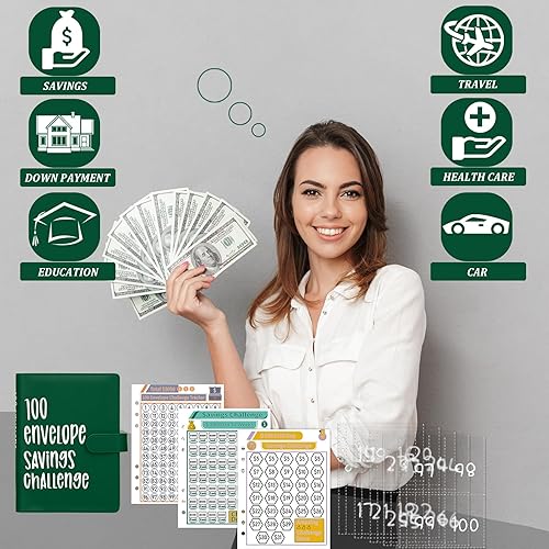 Vista 4 de Ndsox Carpeta de desafíos de ahorro de dinero con 100 sobres, carpeta de presupuesto A5 con sobres de efectivo, libro de desafíos de ahorro