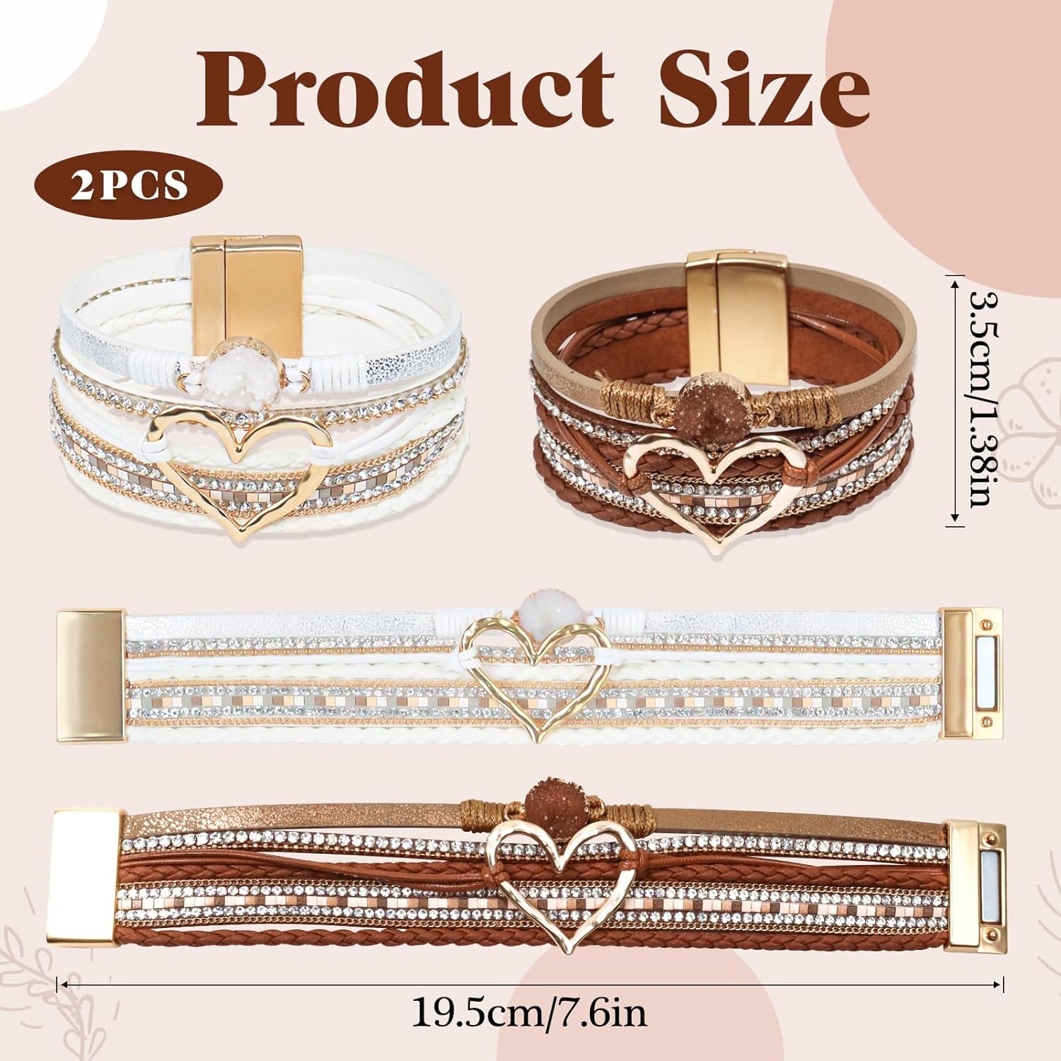 2Pcs Boho Bracelets Woven Leather Multi-Layer Wrap Bracelet Heart Shape Inlaid Rhinestone Stackable Fashion Women Bracelet Jewelry - Image 2