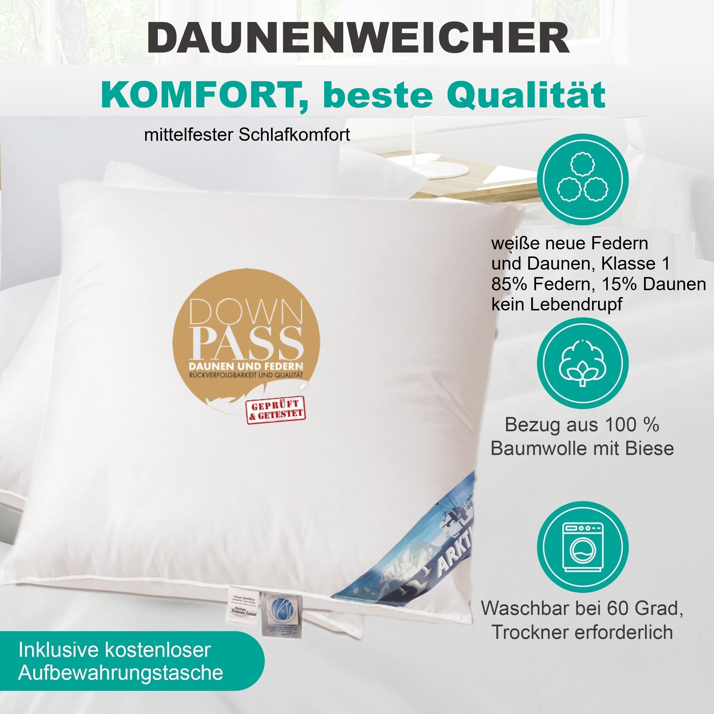 Arktic Feder- Daunenkissen Kissen Kopfkissen 80x80 cm Füllung 1.000 g