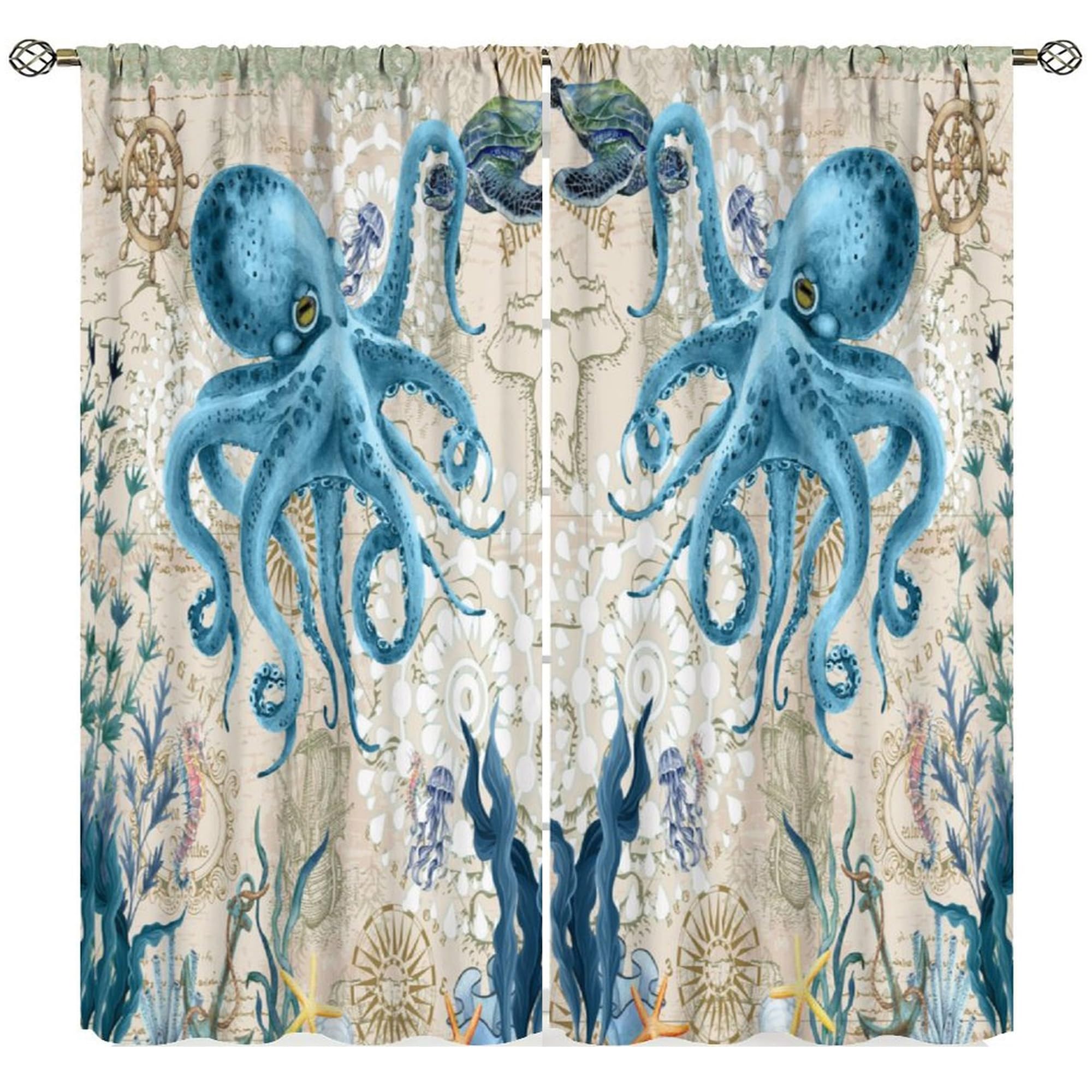 Octopus Curtains, Ocean Animal Coral with Nautical Map and Starfish Sealifes Beach Theme Pattern Window Drapes for Bedroom Kitchen Window 2 Panels W52 x L84 Decor