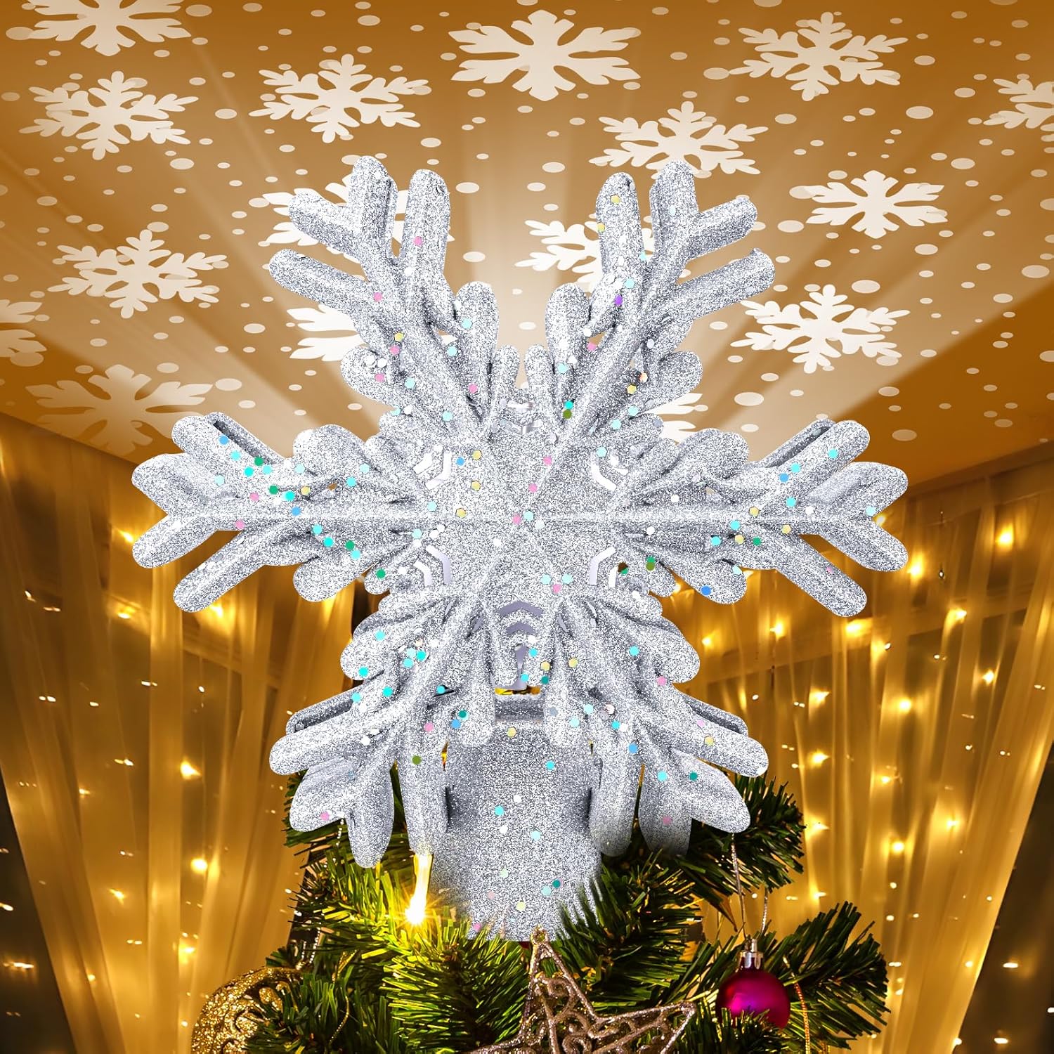 Christmas Tree Topper Lighted Star Tree Topper with Rotating Snowflake Projector Lights, LED Silver Snowflakes Tree Topper for Xmas Tree Decorations (Silver Snow)