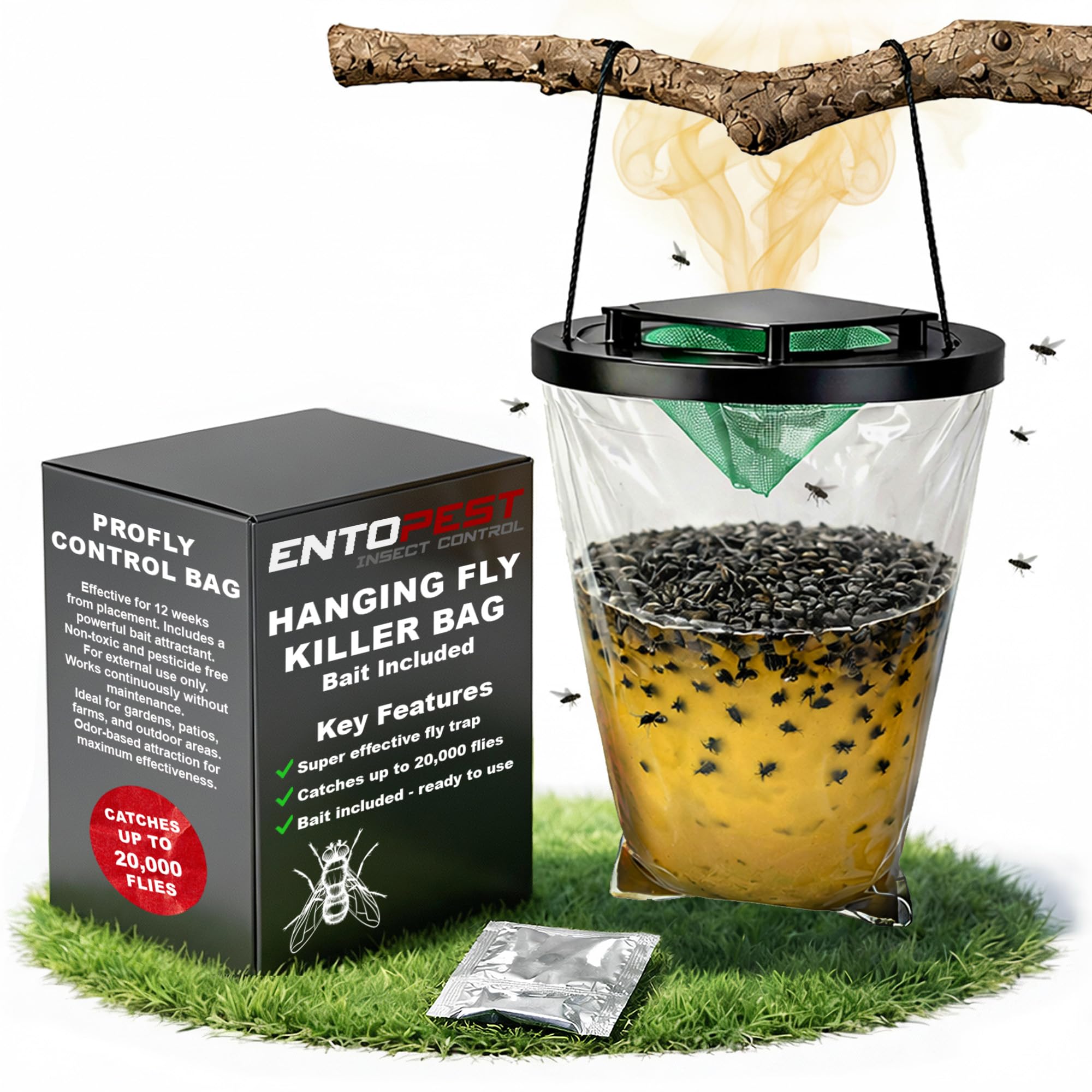 Entopest ProFly Hanging Fly Killer Bag, Outdoor Fly Catcher- Professional Quality High Strength Trap Catches 20,000 Flies - Super attract Non-Toxic Control Gardens, Farms & Paddocks (Pack of 1)