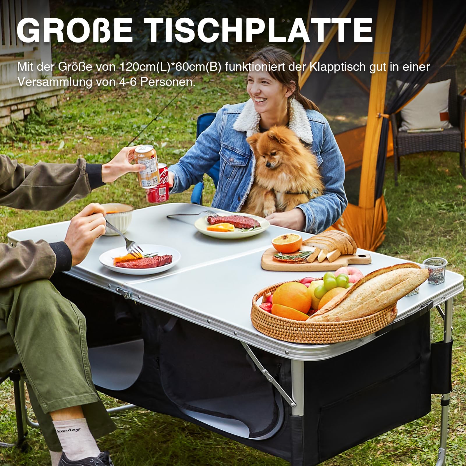 EVER ADVANCED Campingtisch Klappbar Alu Klapptisch 120 x 60cm Höhenverstellbar mit Stauraum 50KG Belastbar, Gartentisch für 4-6 Personen, Campingschrank Kleines Packmaß für Picknick Grillen Outdoor