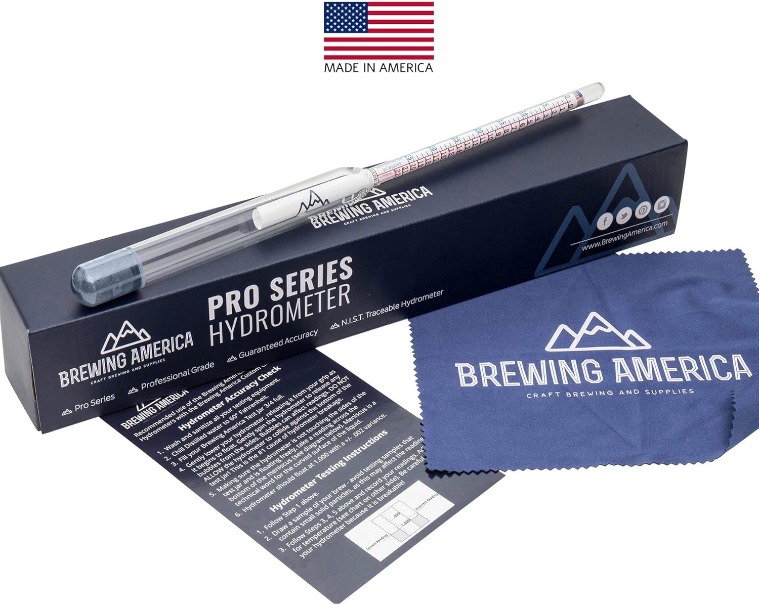 Brewing Hydrometer Alcohol Tester Kit: USA-Made Beer & Wine American-Made Specific Gravity ABV Test Pro Series Traceable & Borosilicate Glass Test Tube Jar & Brush