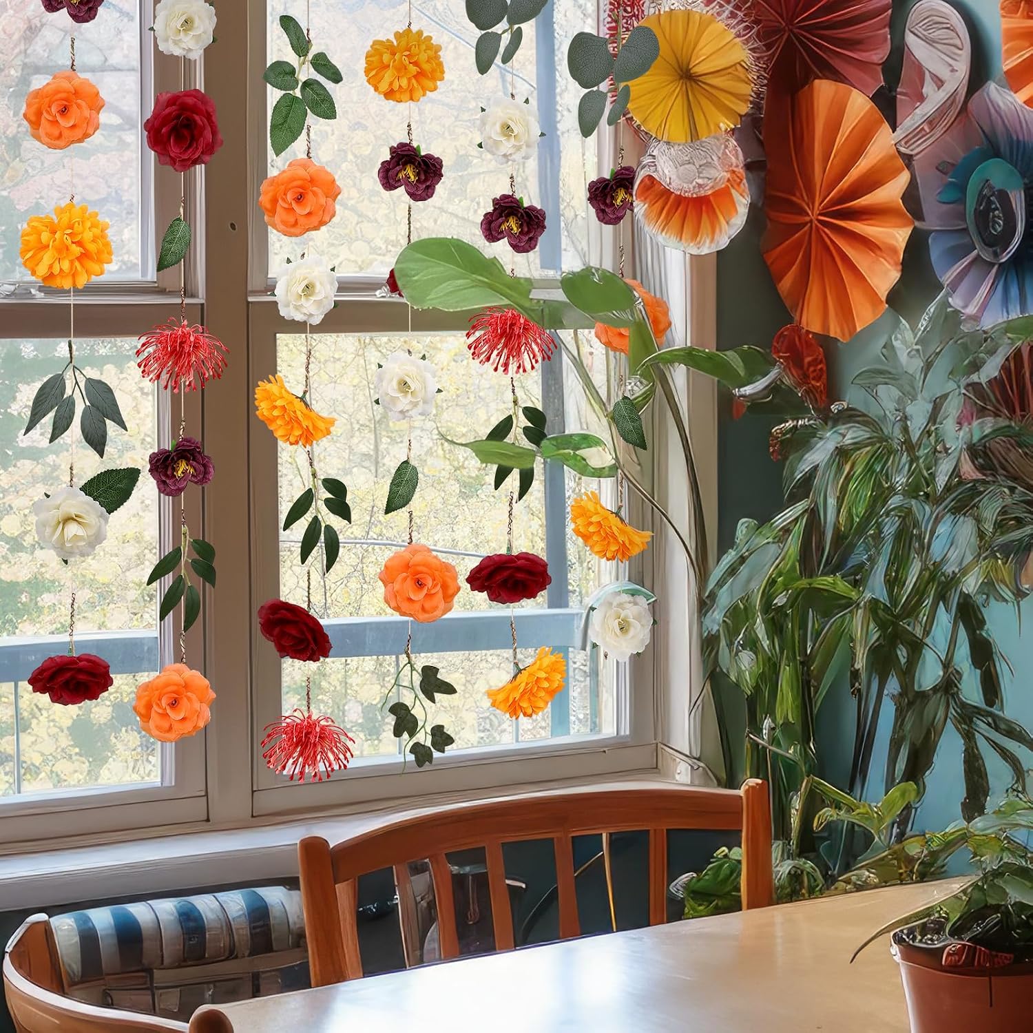 Tegeme 6 Pcs Fall Flower Garlands 19.7 ft Artificial Thanksgiving Wildflower Garland Streamers Flower Themed Party Decorations for Spring Autumn Wedding Ceiling Garden Decor Supplies(Fall)