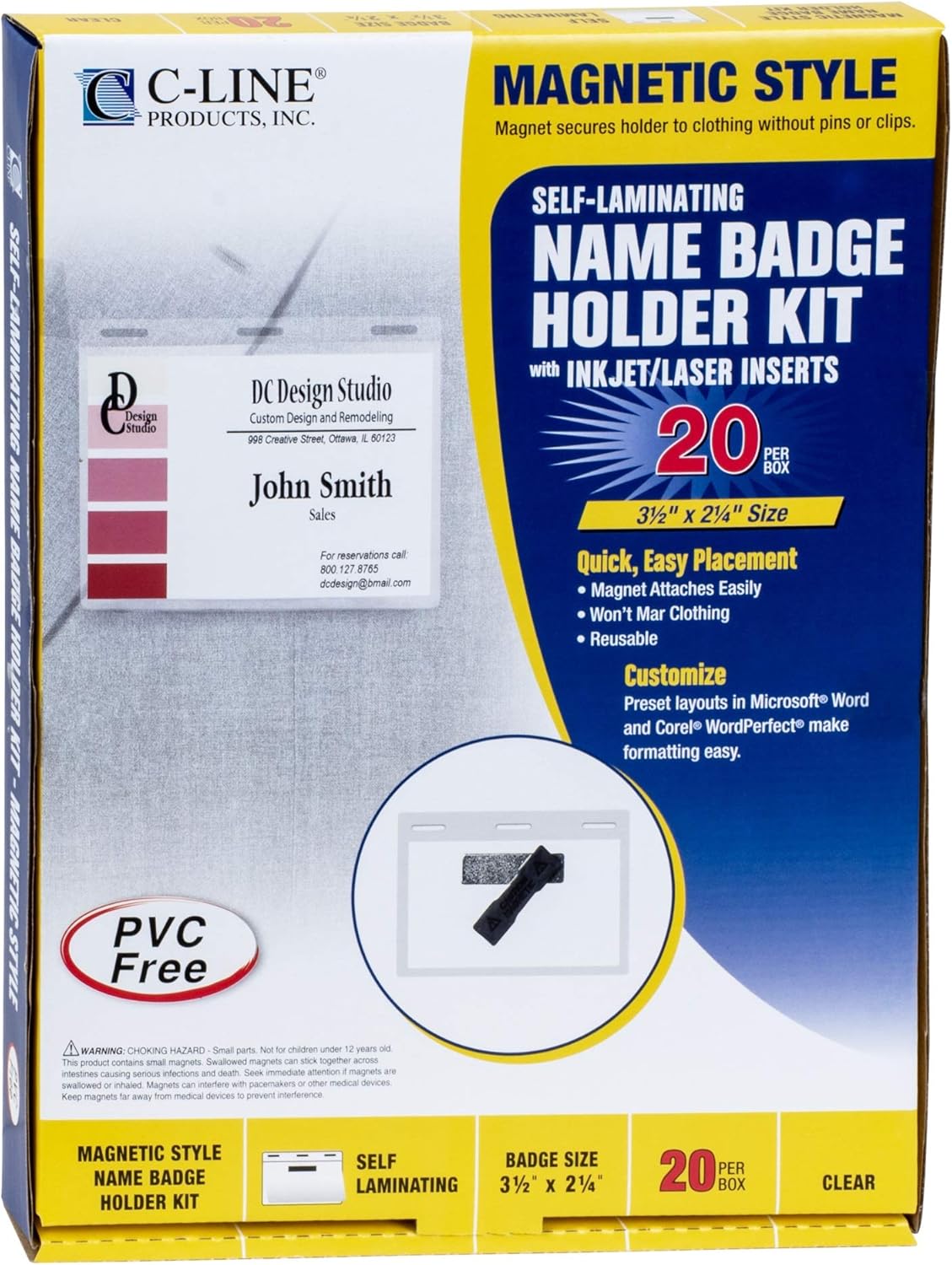 C-Line Self-Laminating Magnetic Style Name Badge Holder Kit, 3" x 2"