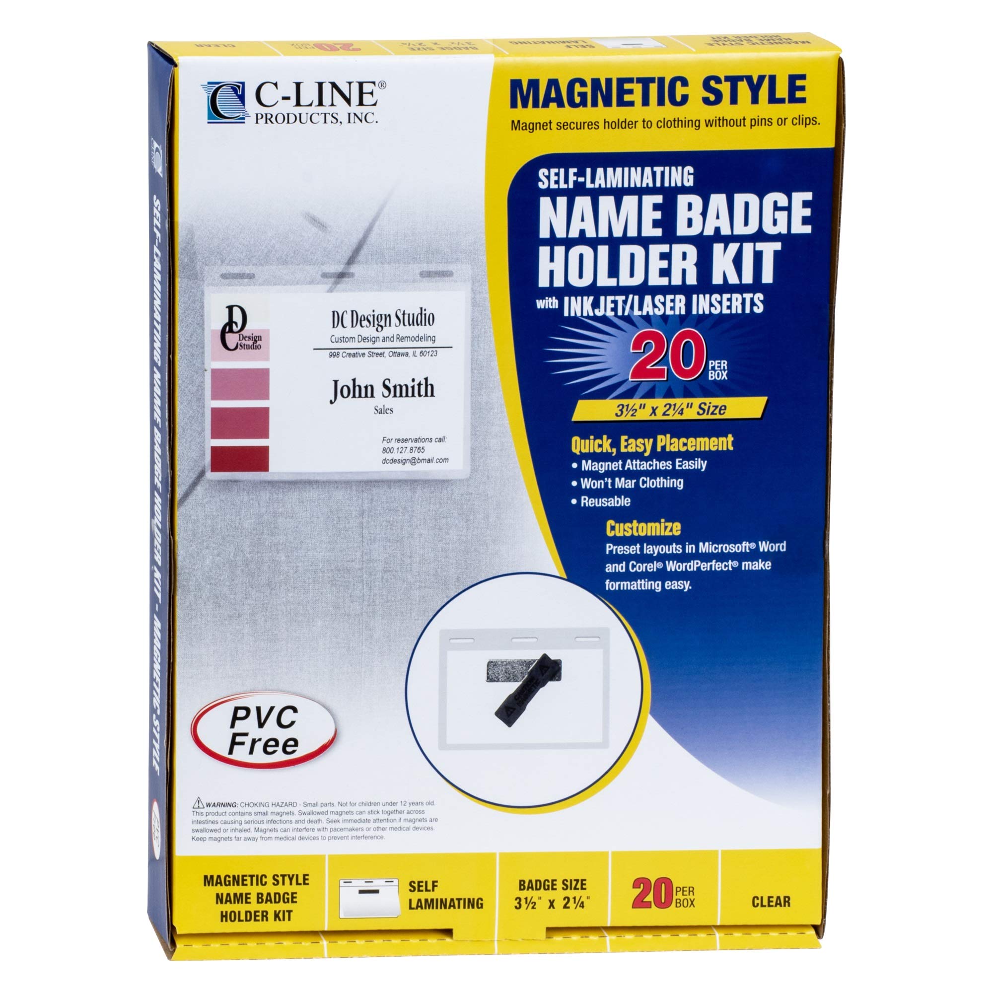 C-Line Lot de 20 porte-badges magnétiques auto-plastifiants 8,9 x 6,3 cm (92823)