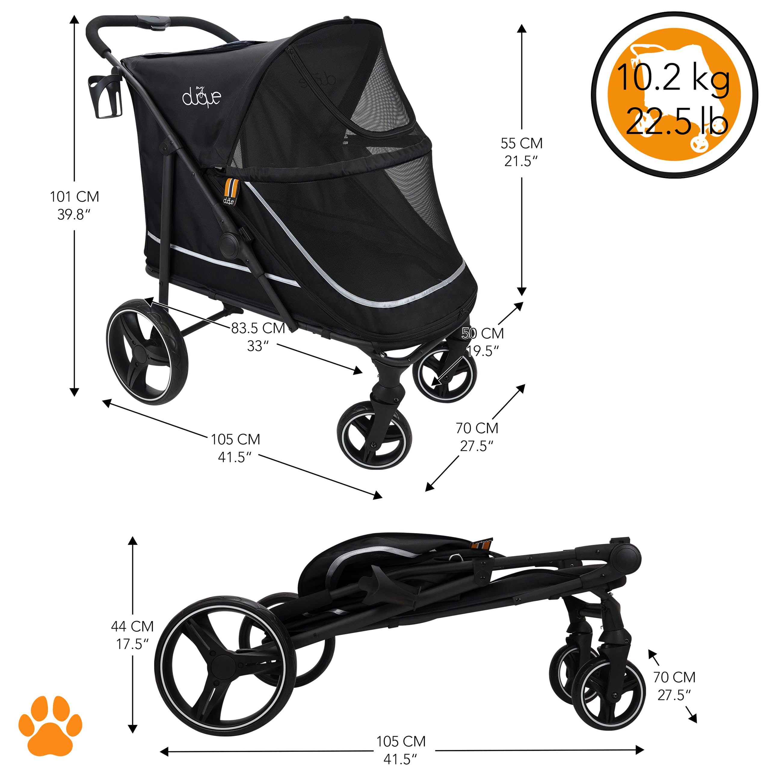 Passeggino per animali CHAMP - XL Large, passeggino per cani, spazioso, passeggino per animali, cani, pieghevole, con parapioggia, portabicchieri, carico max. 50 kg / 110 libbre col. nero