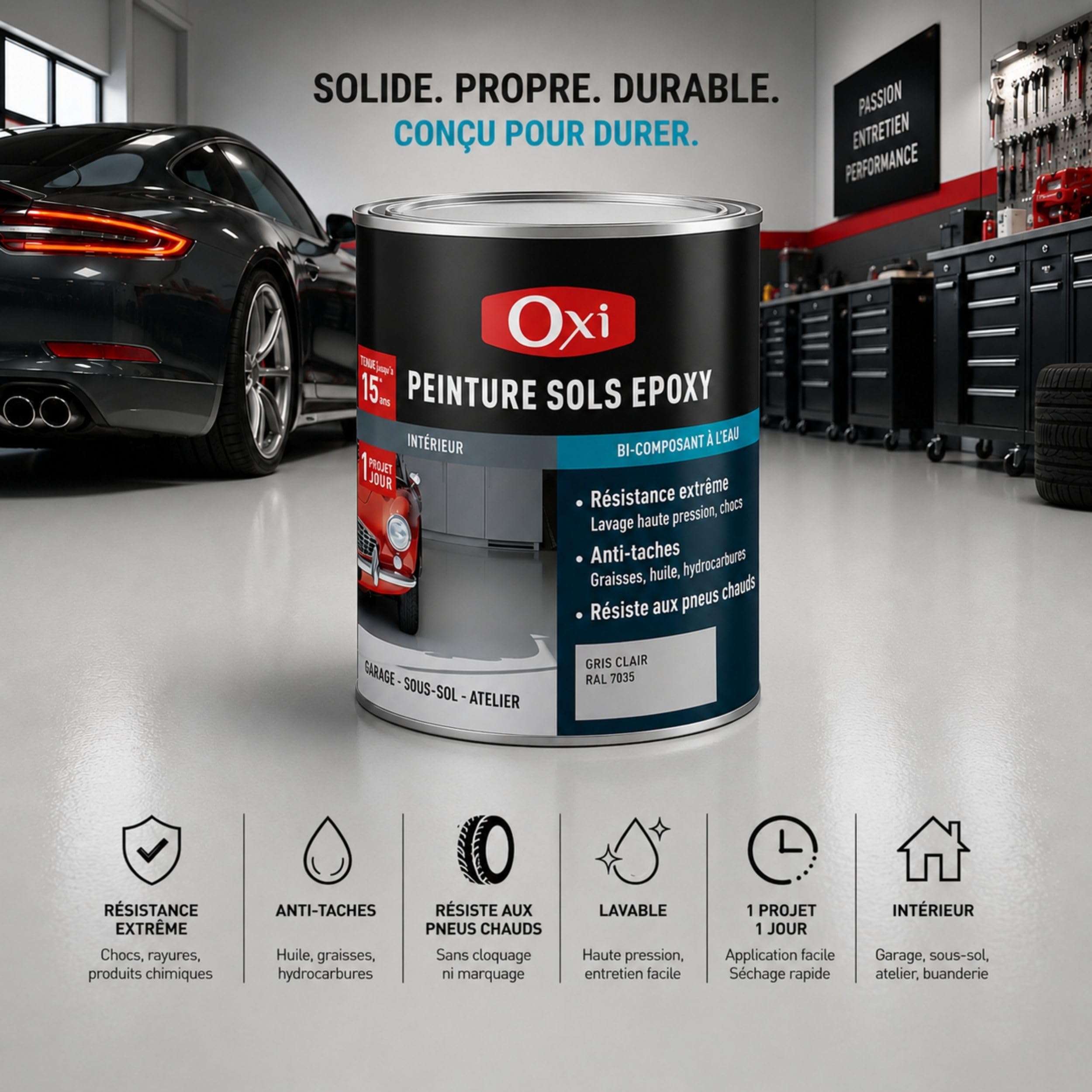 Oxi - Peinture Époxy Sols - Peinture Sol Extérieur Sans Sous-Couche - A Base de Résine Époxy - Bi-Composant - Béton, Carrelage, Ciment ou Pierre-Gris Clair (RAL 7035)-0.3 litres