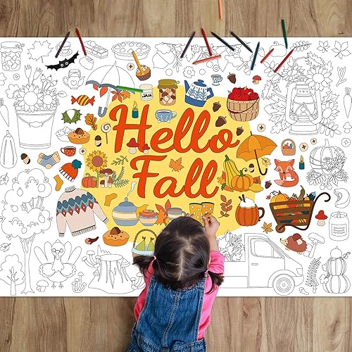 ZOIIWA Póster para colorear con texto en inglés Hello Fall, póster de dibujo gigante con diseño de calabaza otoñal, mantel grande para colorear con