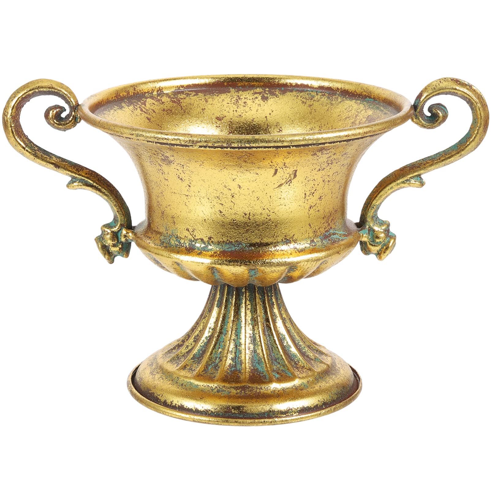 Grand vase trompette doré vieilli sur pied pour compositions florales