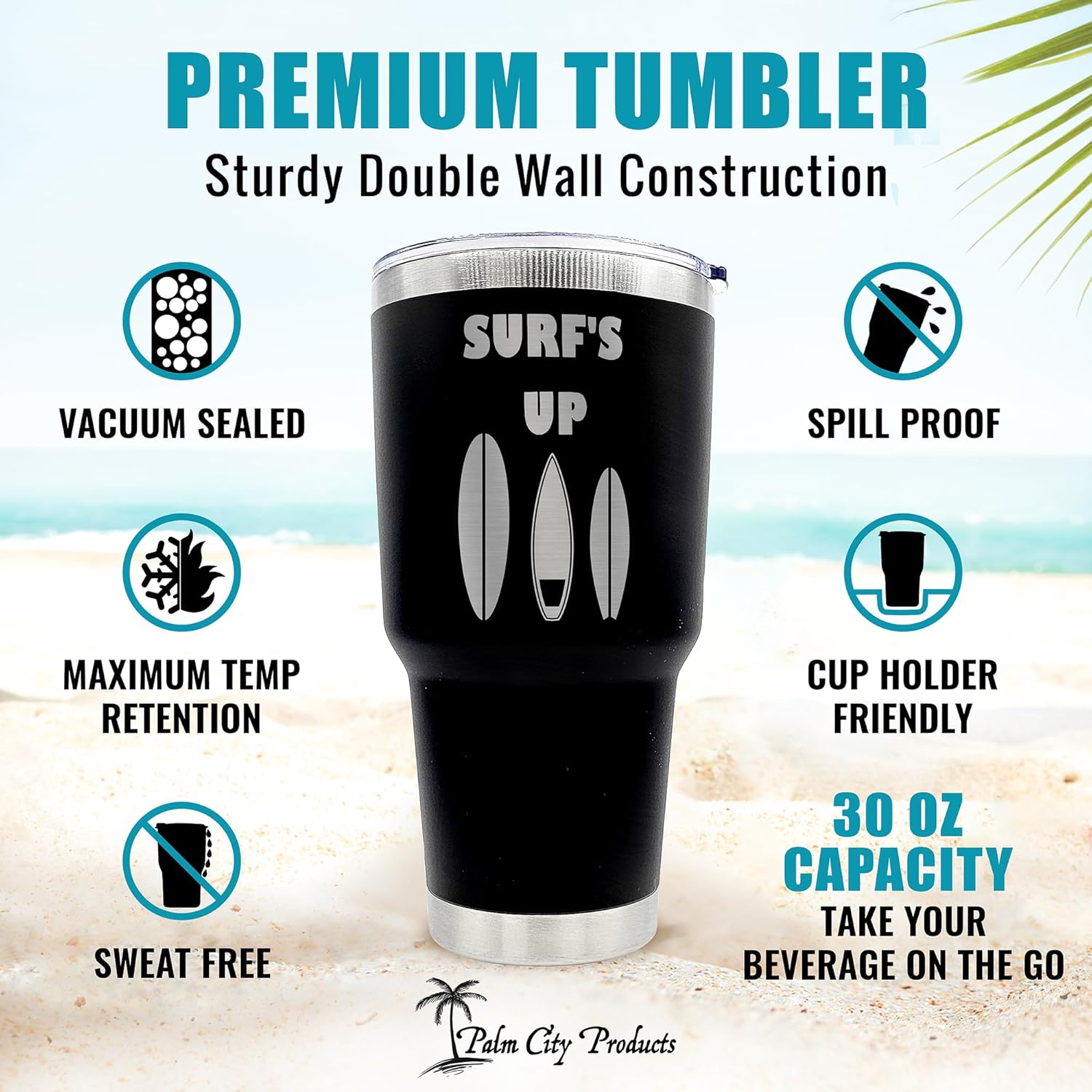 Premium 30 oz Surf's Up Black Tumbler with Slider Lid - Insulated Stainless Steel Surf Travel Mug for Hot & Cold Drinks - Ideal Surfer Gifts for Men & Women, Tropical Tumbler for Beach Lovers