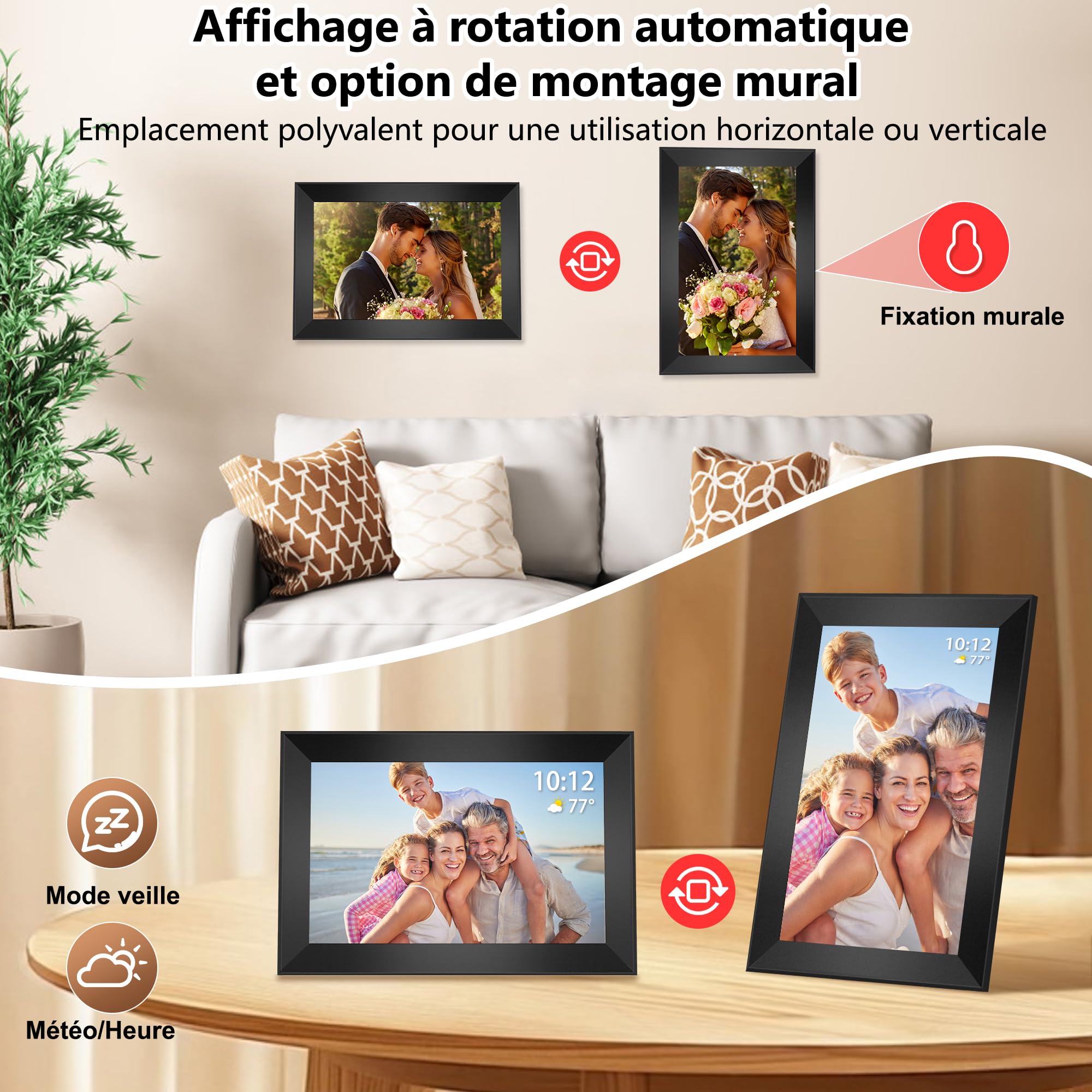 Frameo Cadre Photo Numérique 10,1 Pouces Wi-FI 32 Go, Écran Tactile IPS LCD 1280 x 800P, Cadre Photo Intelligent Cloud avec Rotation Automatique et Audio, Partagez Photos/Vidéos Instantanément (Noir)