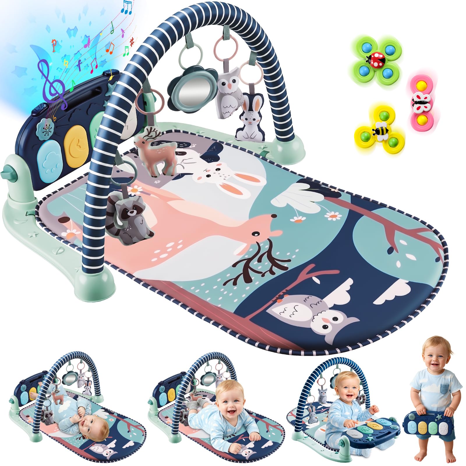 Joryuek Baby Play Mat, Tummy Time Mat with Piano Music and Lights, Baby Activity Play Gym with Sensory Development Toys, Boy and Girl Gifts for Newborn Infant Aged 0 to 3 6 9 12 Months (Navy Blue)