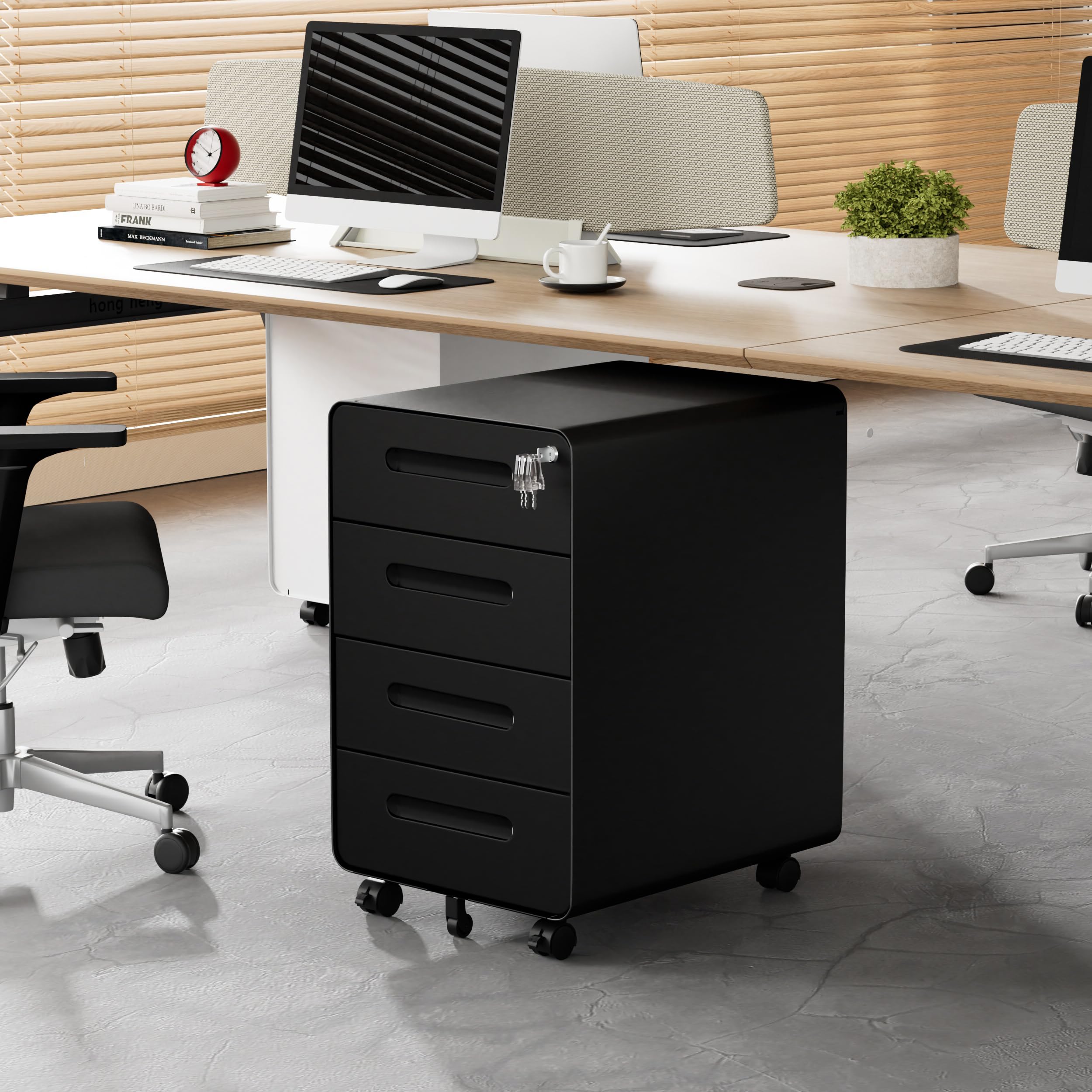 Rollcontainer mit 4 Schubladen, Aktenschrank, Abgerundetes Eckendesign, Abschließbar, 4 Schlüsseln, Schubladenschrank für Büro und Home Office, Schwarz