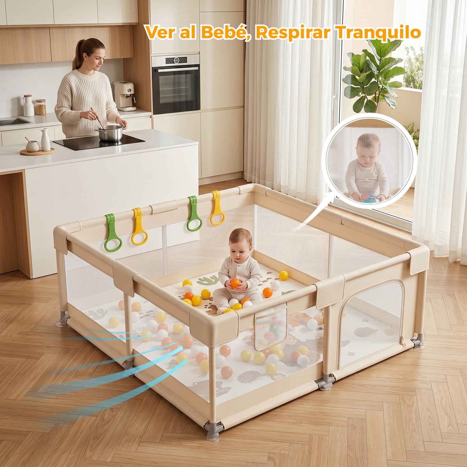 Beige Parque Infantil Bebe con Alfombra - 150x150cm Corralito Bebe | Tela Oxford resistente, malla transpirable 360°, estructura estable, ventosas potentes y 4 anillas