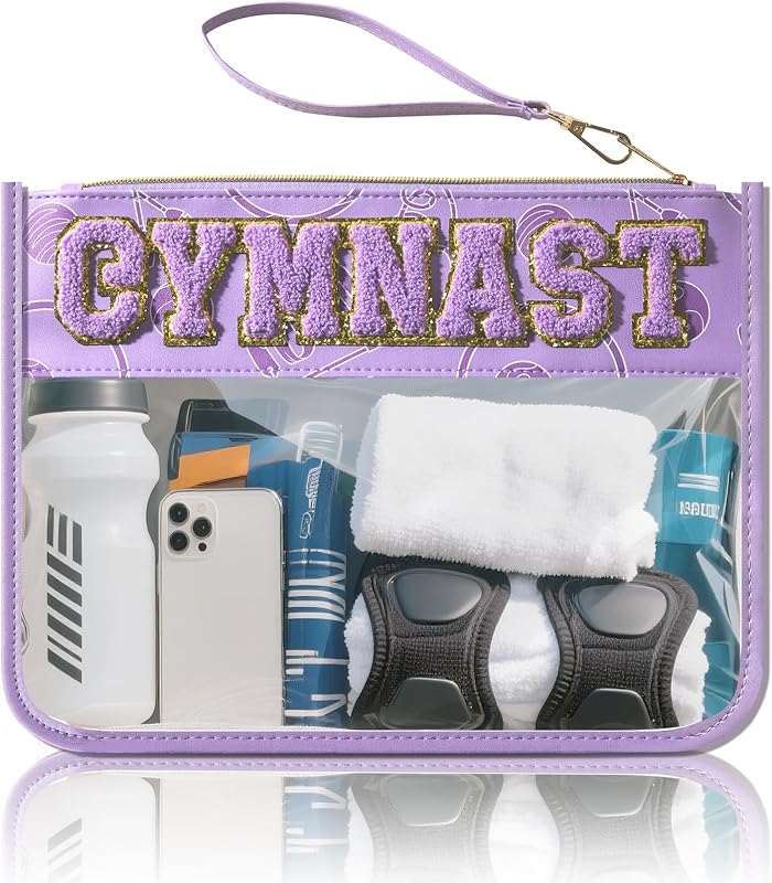 Necessaire transparente PPeen com letra chenille de glitter e zíper, alça de mão, 29,46 x 20,83 cm