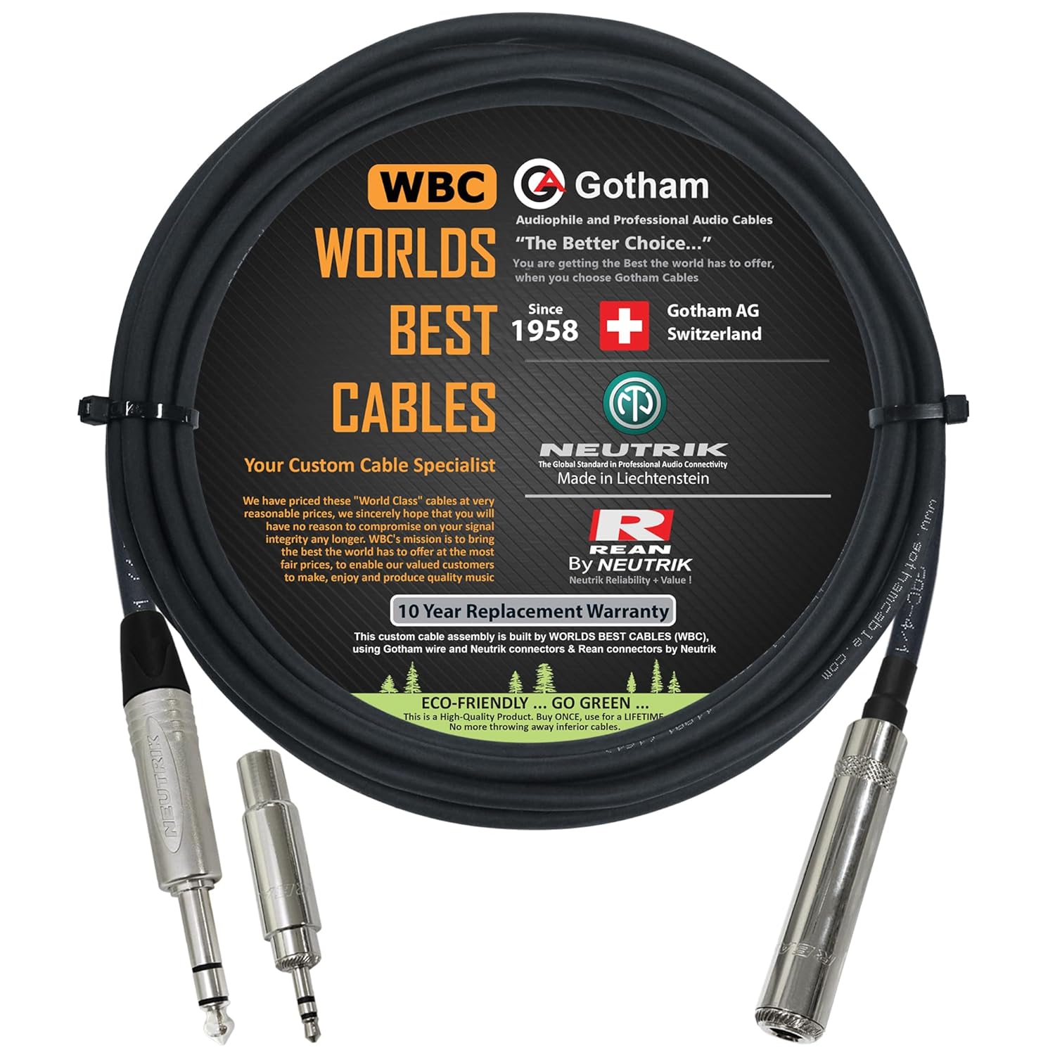 WORLDS BEST CABLES 15 Foot - Gotham GAC-4/1 Star-Quad Stereo Headphone Extension Cable & Neutrik TRS Plug to Neutrik-Rean ¼ inch 3-Pole Jack + 3.5 mm Plug to ¼ inch Jack Adapter - Custom Made