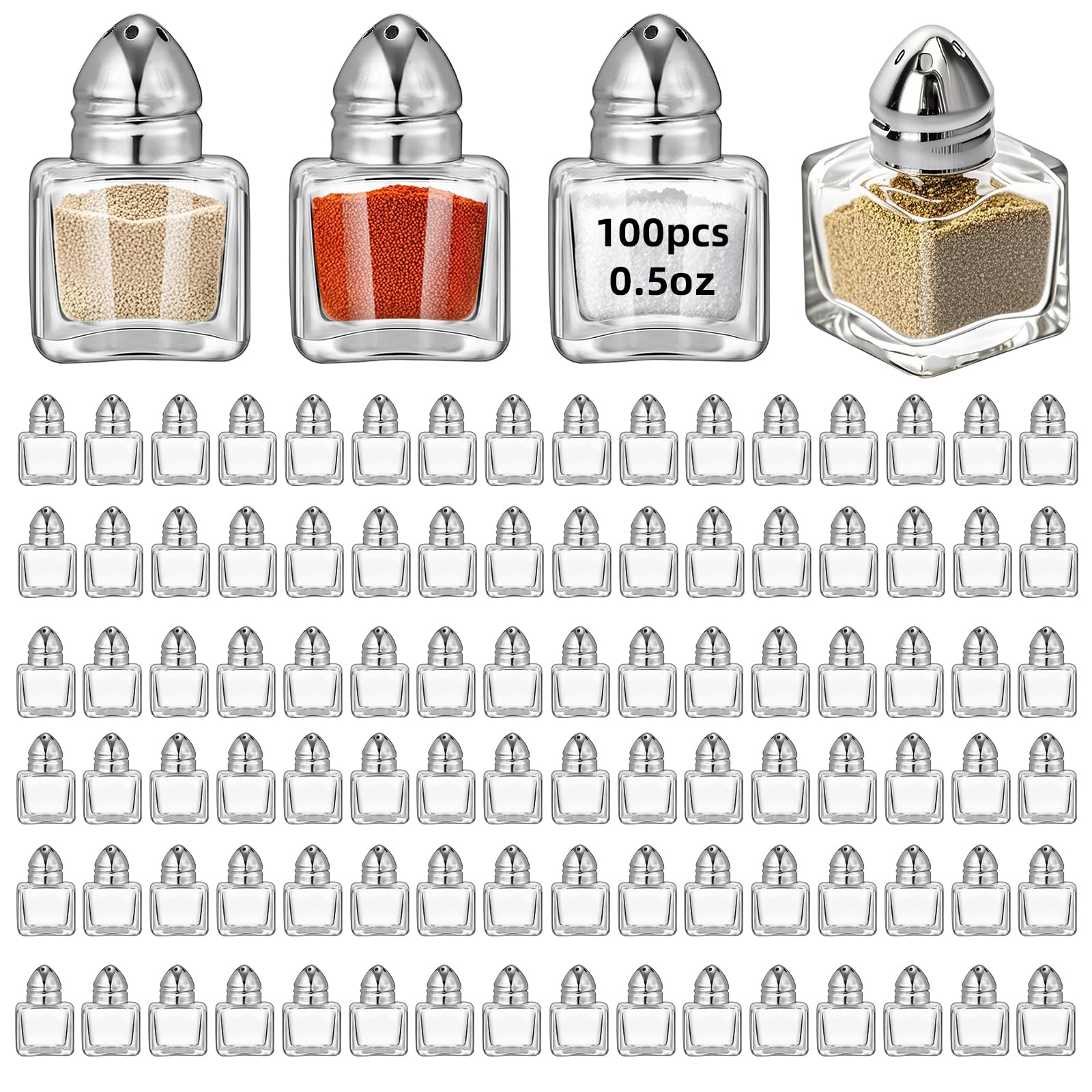 100 Pack Mini Salt and Pepper Shakers Bulk 0.5 Oz, Small Cube Glass Spice Shaker Container with Stainless Steel Lid for Kitchen Restaurant Travel Home