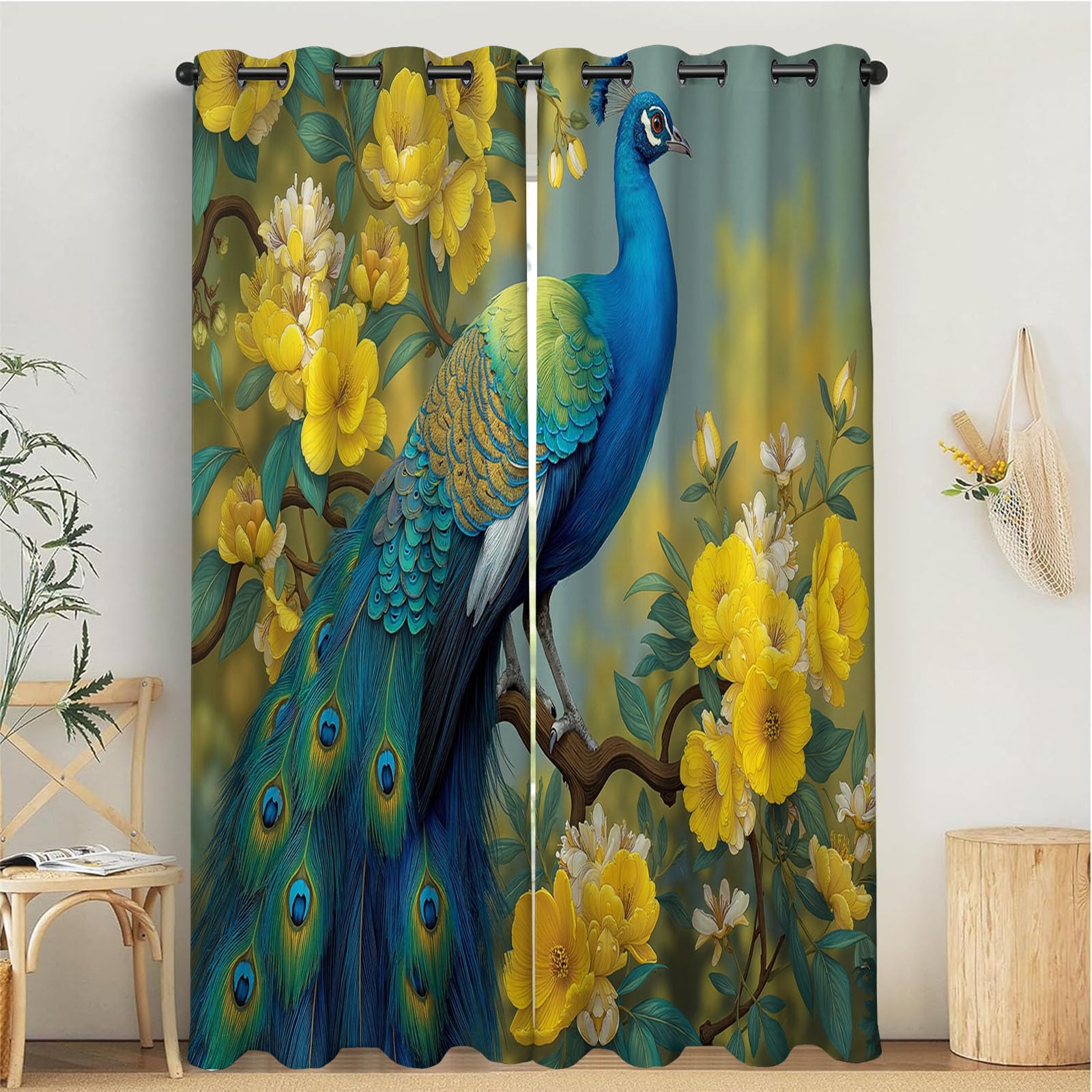 Rideaux peinture à l'huile paon jaune bleu pour sublimer le salon et la chambre
