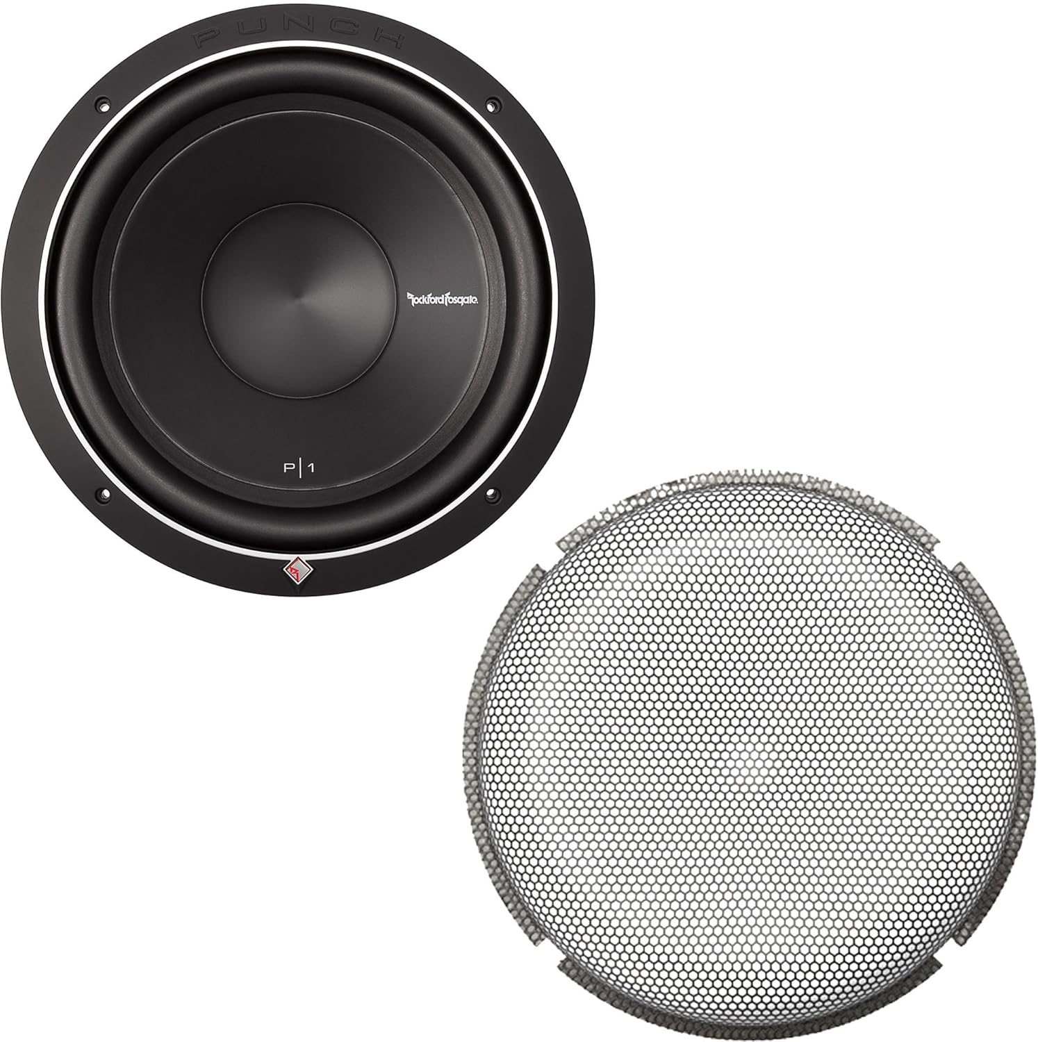 Rockford Fosgate 1 P1S2-12 Punch P1 12" 2-Ohm Subwoofers and 1 P1G-12 Stamped Grille Insert