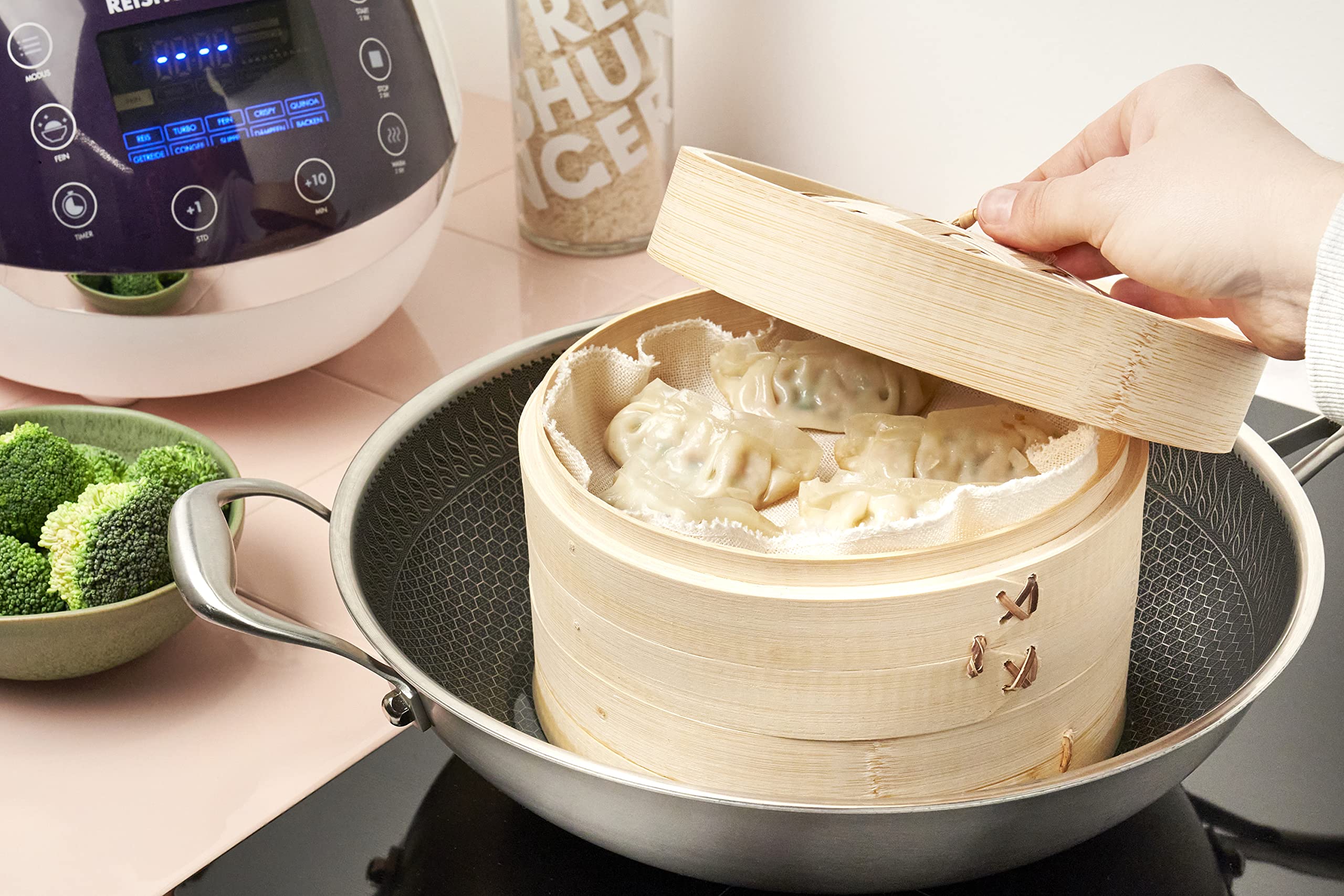 Vaporera de bambú REISHUNGER Ø 25 cm 2 Pisos para arroz, dim sum, verduras, pescado y carne