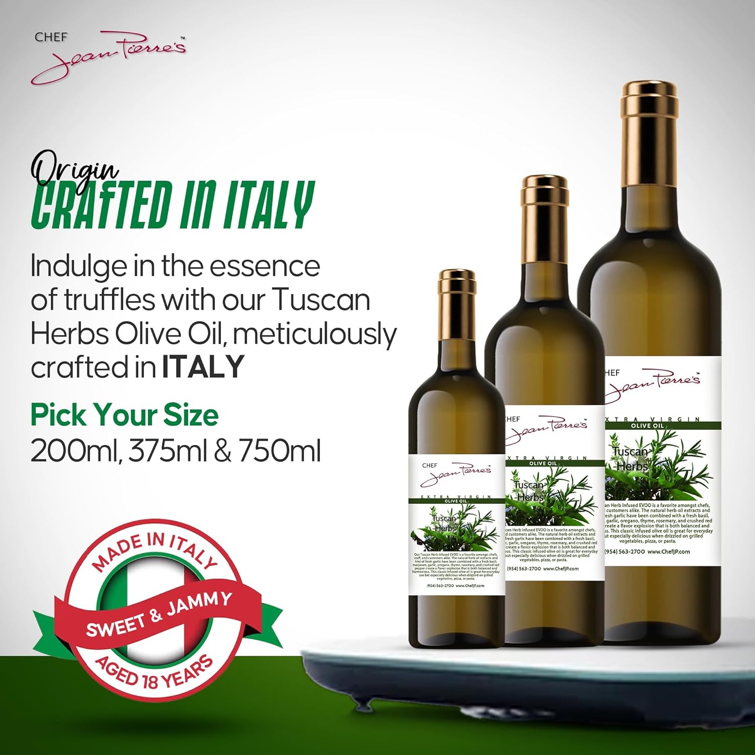 Chef Jean Pierre's Tuscan Herb Olive Oil - Naturally Infused, 750ml (25oz) Glass Bottle - Elevate Your Dishes with a Burst of Flavorful Sophistication